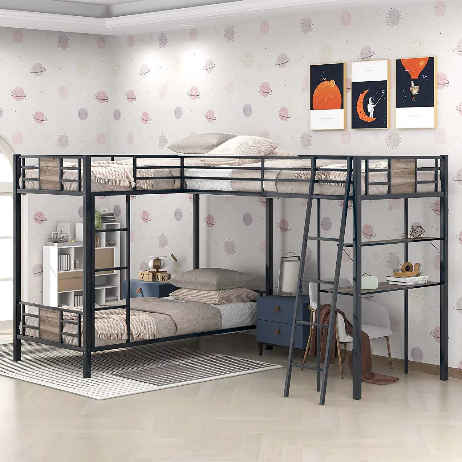 Over Bunk Bed With Size Loft Bed With Desk And Shelf,Brown