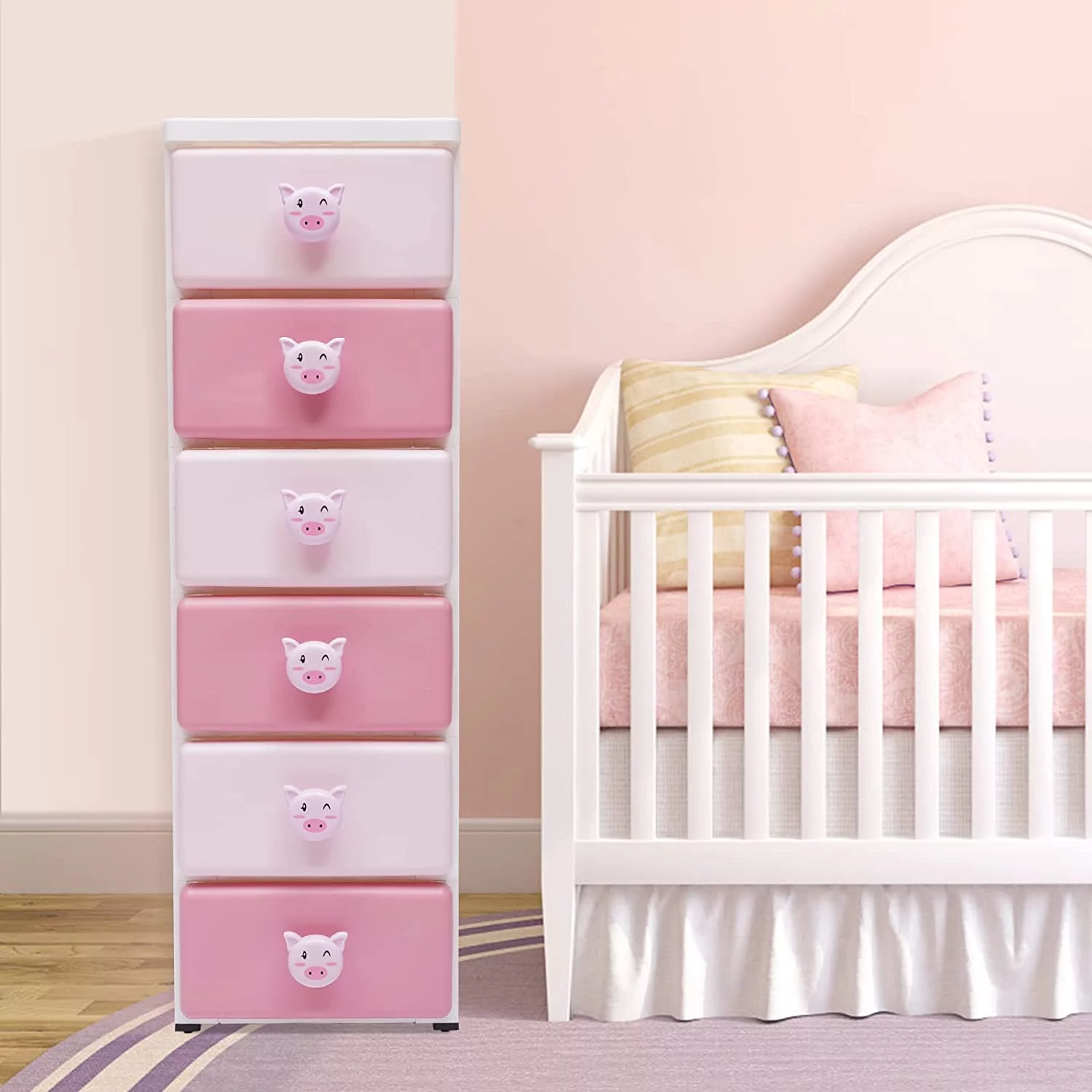 Plastic Drawers Dresser, Storage Cabinet with 6 Drawers, 37 Inch Small Closet Dresser Organizer for Kids for Playroom, Bedroom, 120lbs Capacity, Pink