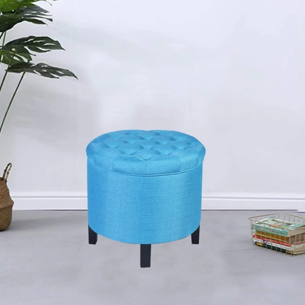Button Tufted Modern Storage Stool, Round Ottoman With Fabric Suitable For Living Room Bed Room Children‘S Room (Blue)
