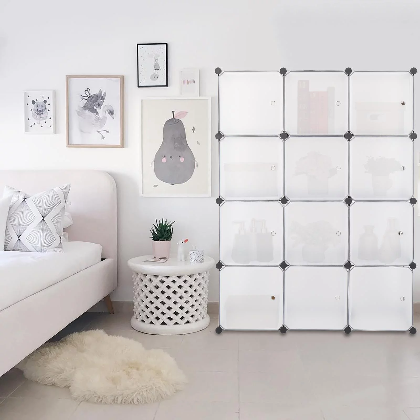 Winado 12 Cubes Storage Closet Organizer,Bookcase Bookshelf Wardrobe for Bedroom Living Room with Doors,Plastic White
