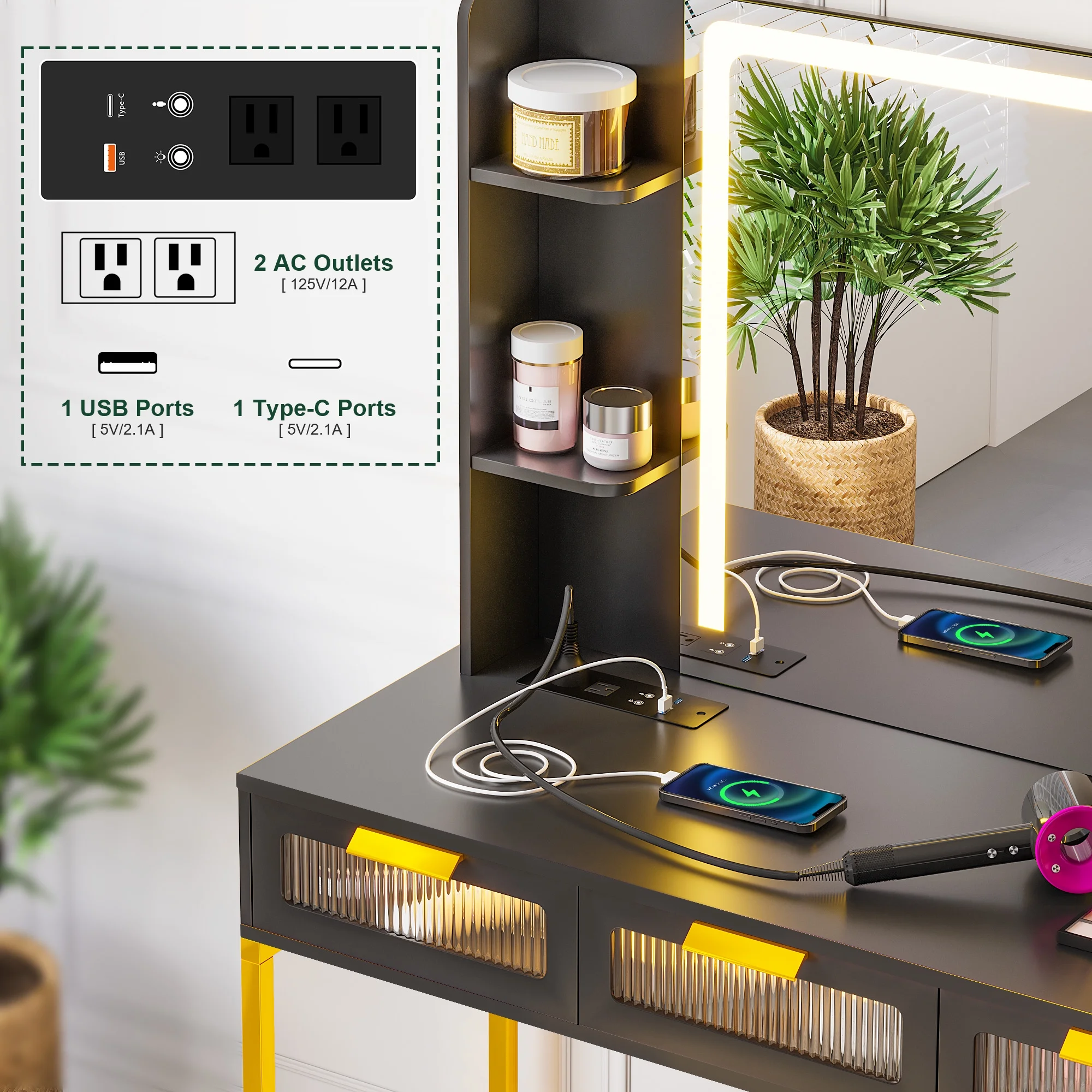 HNEBC Makeup Vanity with Lights, Vanity Table Set with LED Mirror, Vanitys with 6 Drawers/Stool, Vanity Makeup Desk with Charging Station, With Senser Mode Dressing Table as Gifts for Women