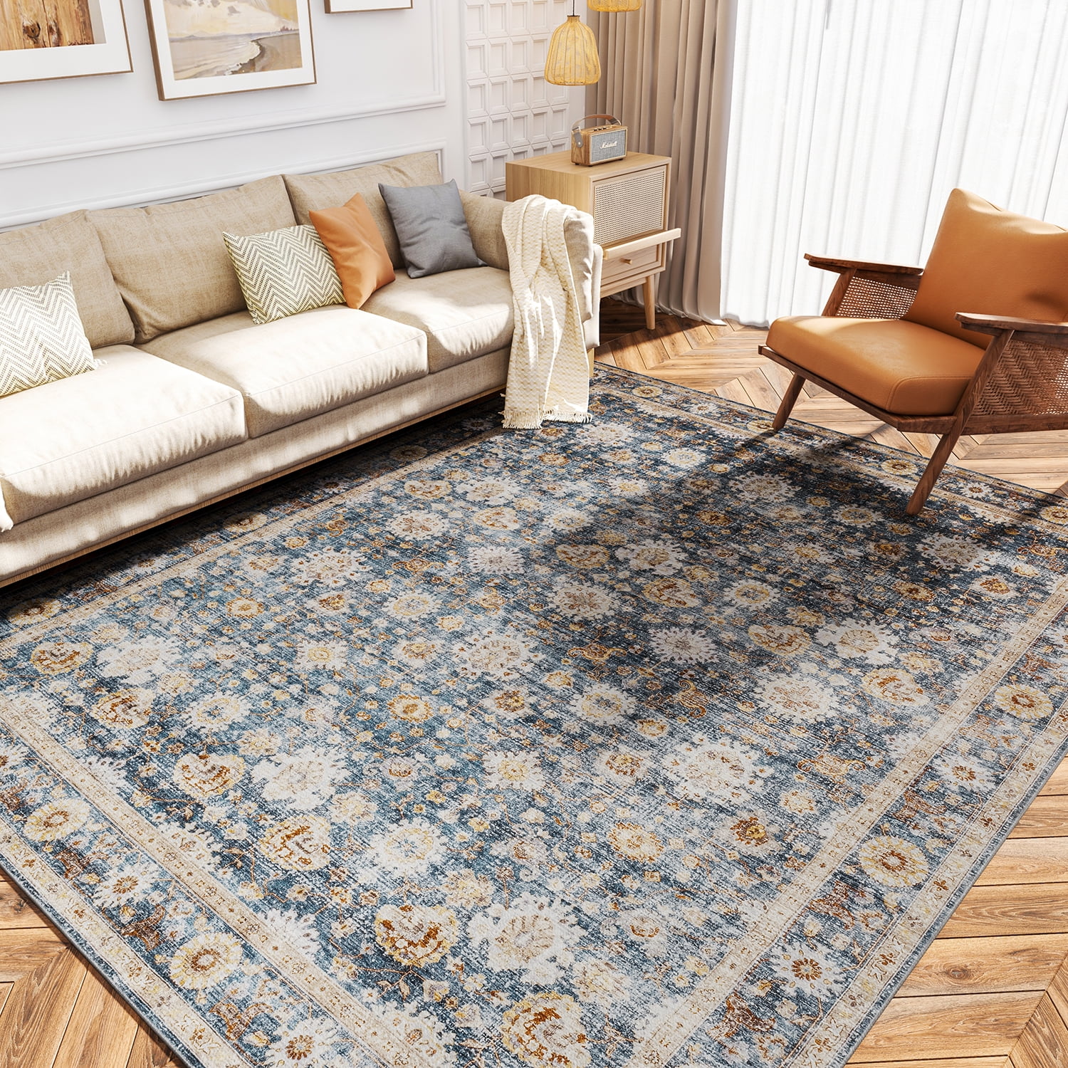 SIXHOME Rugs for Living Room 5x7 Washable Area Rugs Distressed Traditional Carpet Non-Slip Floor Mat Vintage Accent Rug for Bedroom Dining Room Blue