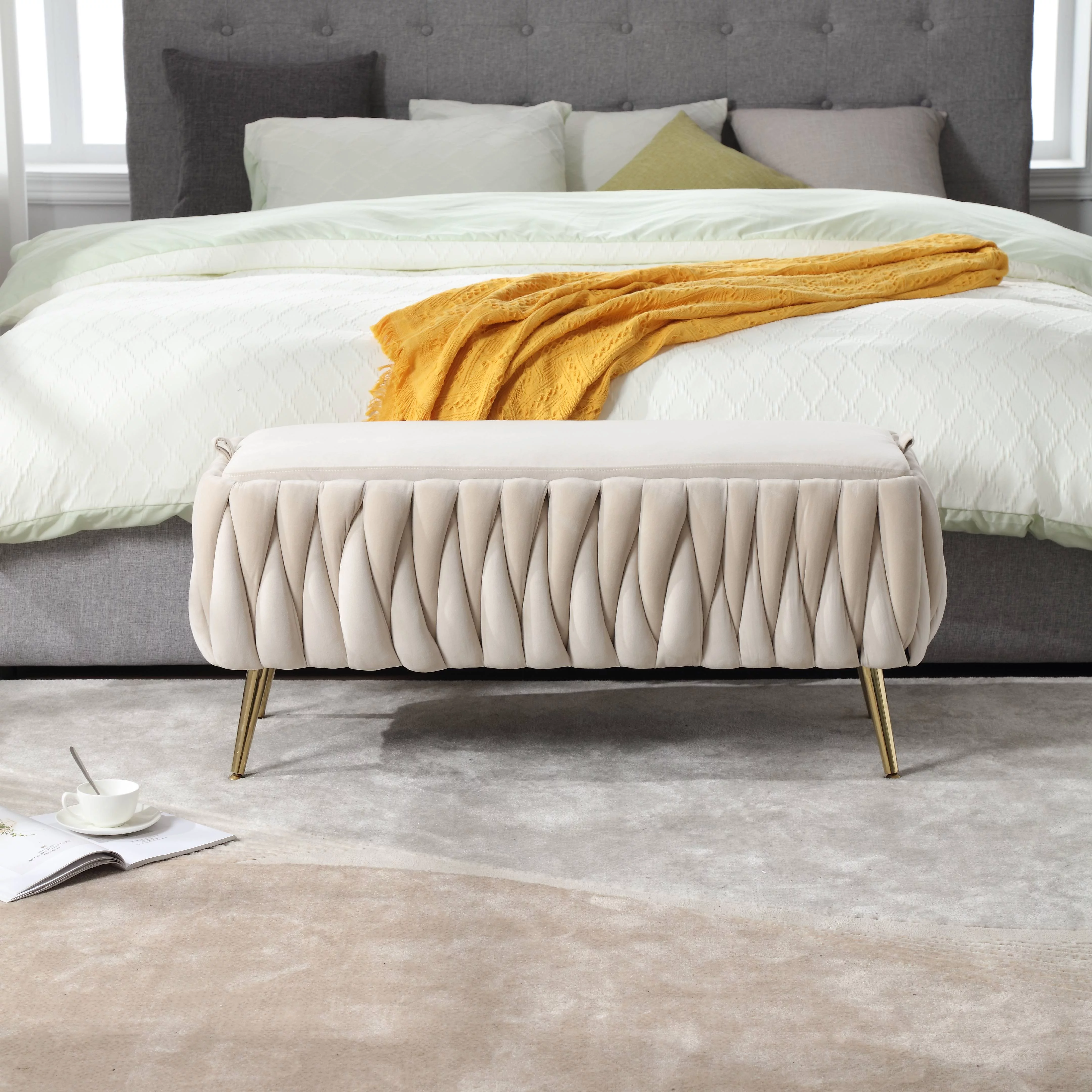 End of Bed Bench, Storage Bench Ottoman, Bed Bench with Hidden Storage, Velvet Upholstered Storage Footstool, Modern Bench Furniture for Bedroom Living Room, 42.13