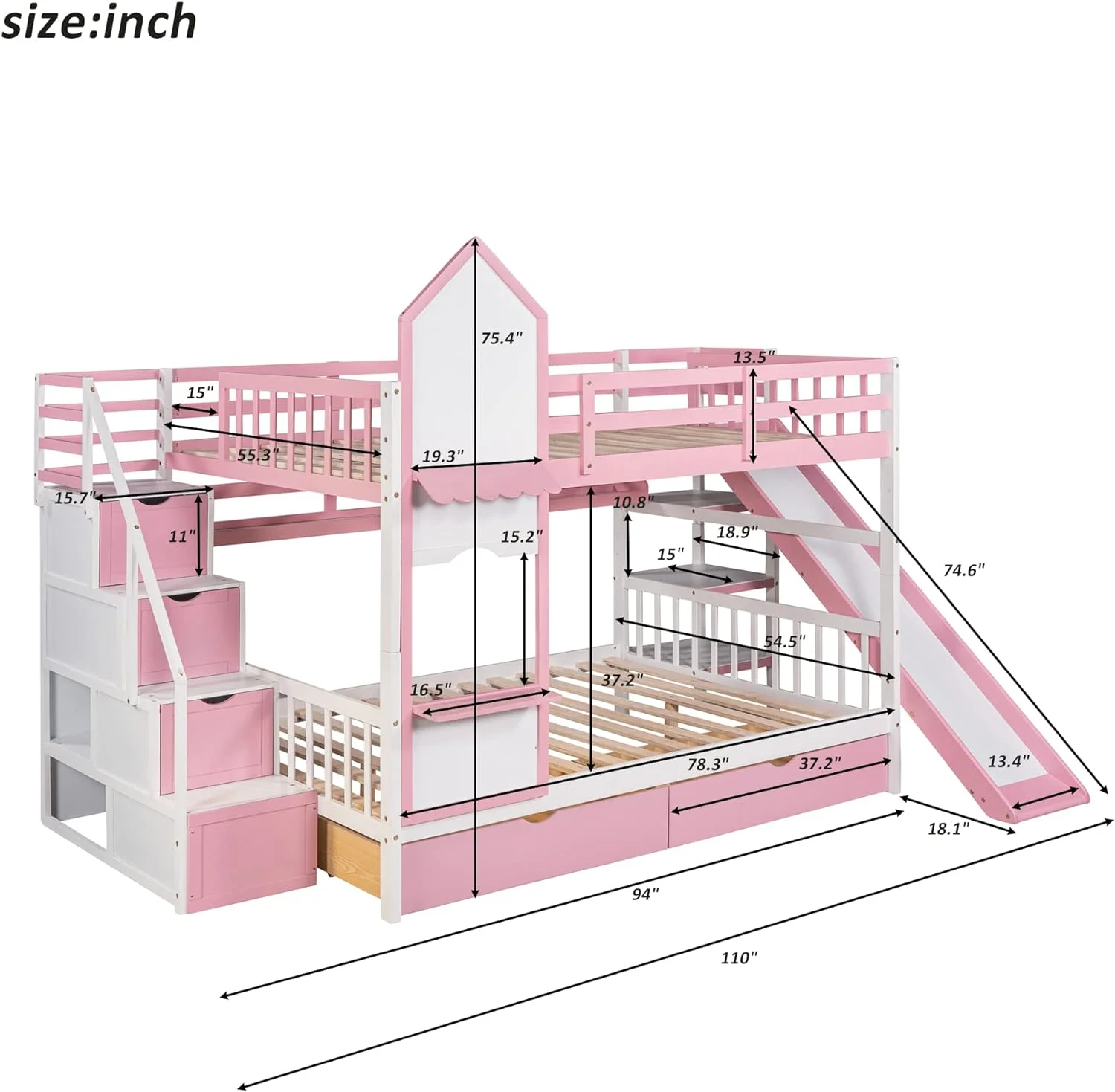 Kids Low Bunk Bed With Slide, Full-Over-Full Wooden Castle Shape Bunk Bed With Storage Drawers And Shelves, Full Floor Bunk Bed For Boys Girls Bedroom Dorm()