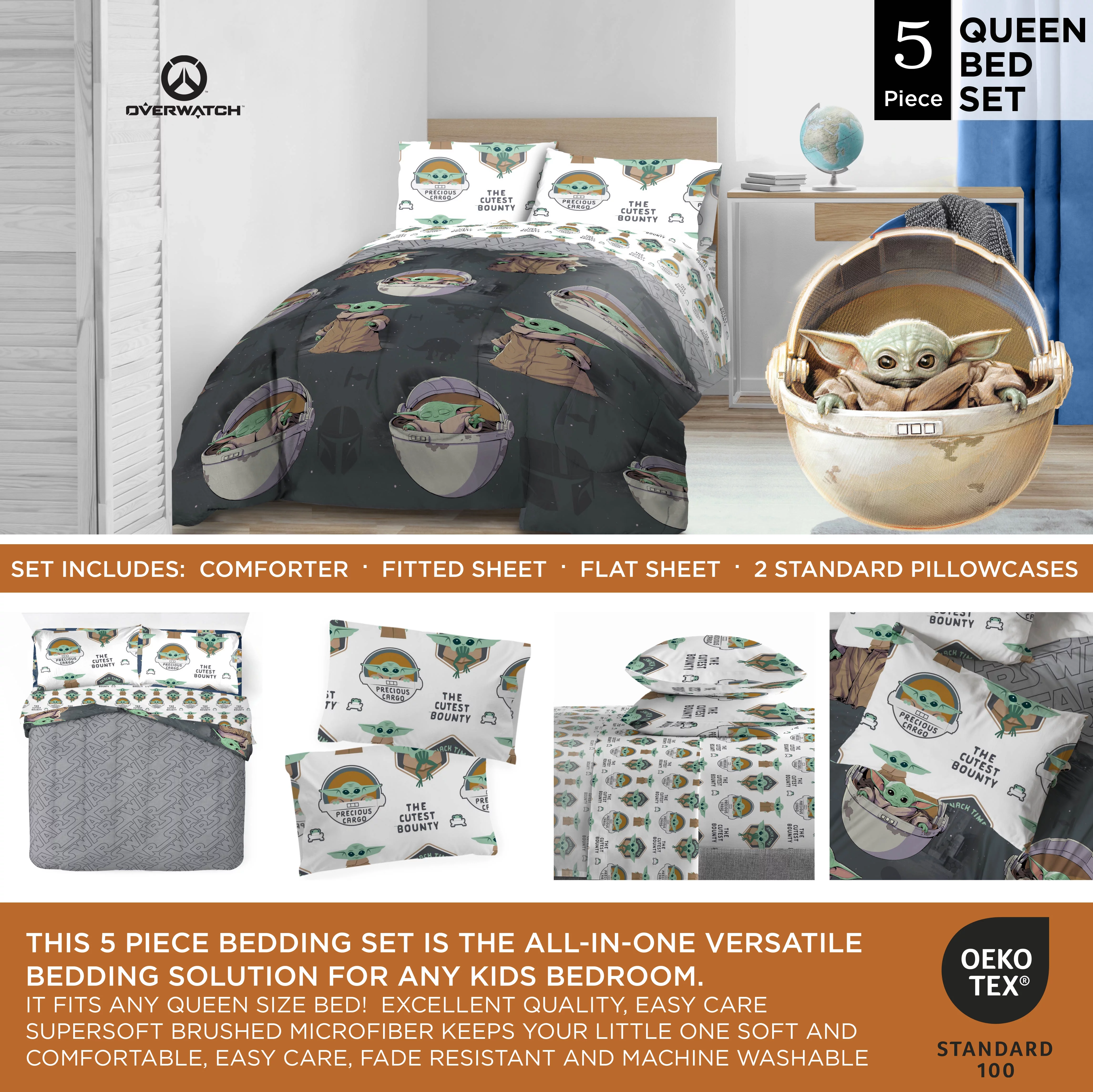 Star Wars Mandalorian The Child Queen Bed Set, 100% Microfiber, Grey