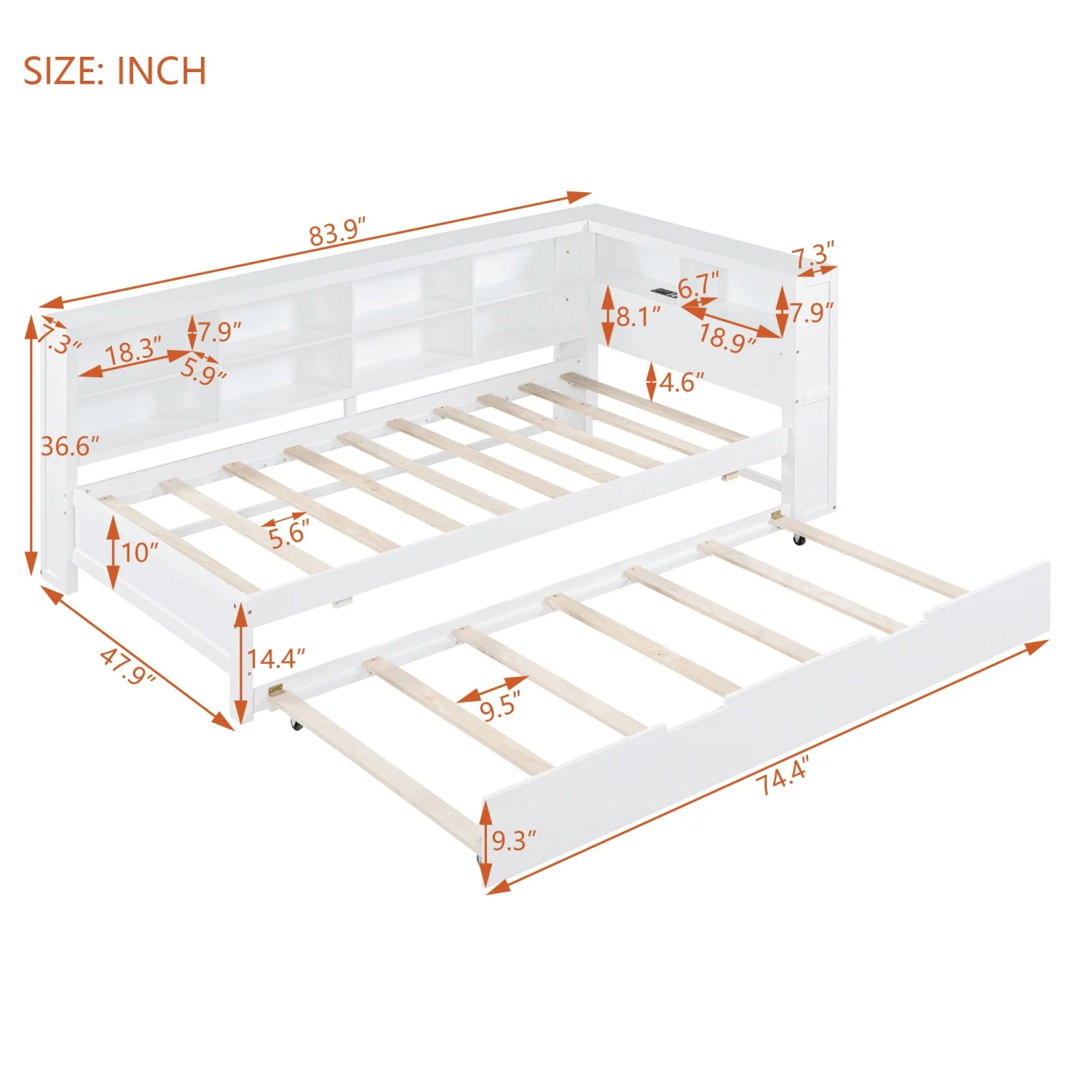 Churanty Twin Size DayBed with Trundle, Wooden Platform Bed with Storage Shelf and USB Charging Ports, Low Floor Bed for Kids Teens Adult Bedroom,White
