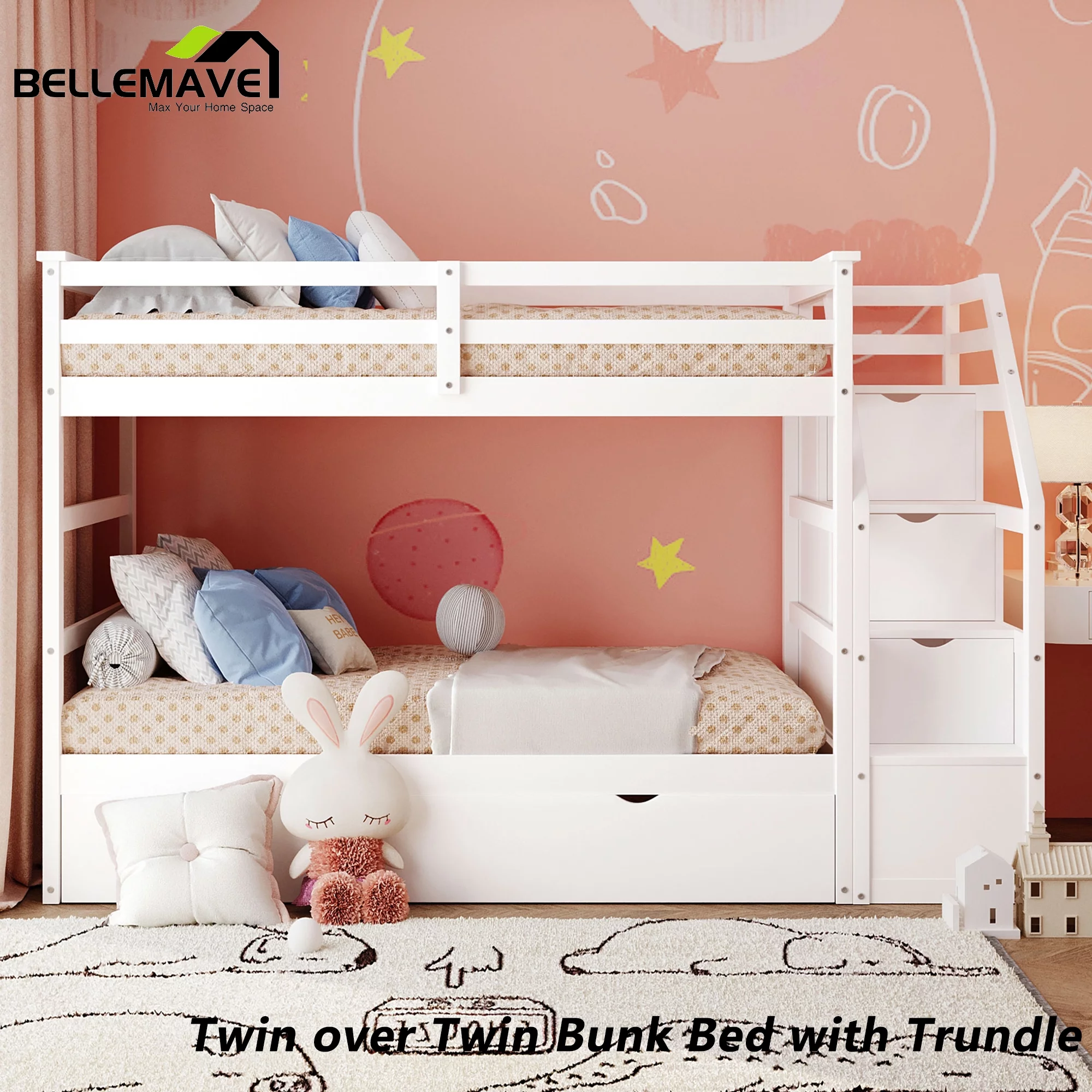 BELLEMAVE Twin over Twin Bunk Beds for Kids, Full Size Bunk Bed with Trundle, Storage Stairs and Full-Length Guardrail, Wood Bunk Bed for Kids, Tenns(White)