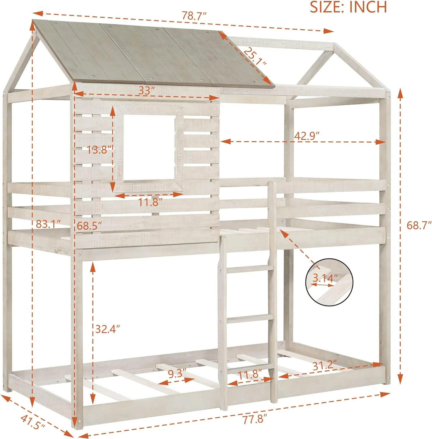 House Bunk Beds For Kids, Floor Bunk Beds Over , Wood Bunk Bed With Roof And Guardrail, Kids Bunk Beds For Girls, Boys,Teens, No Box Spring Needed, Antique White