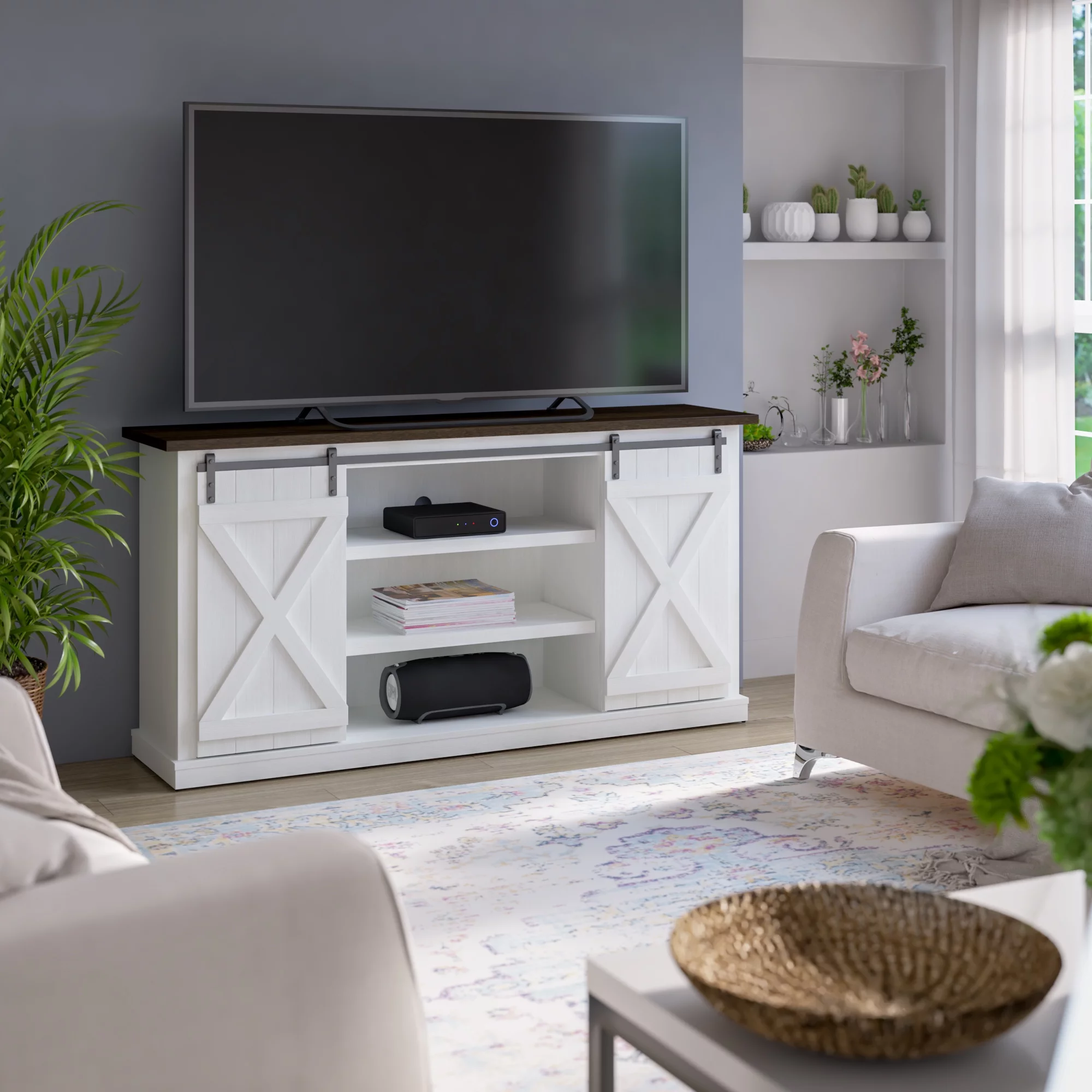 Twin Star Home Modern Farmhouse TV Stand with Sliding Barn Doors for TVs up to 70