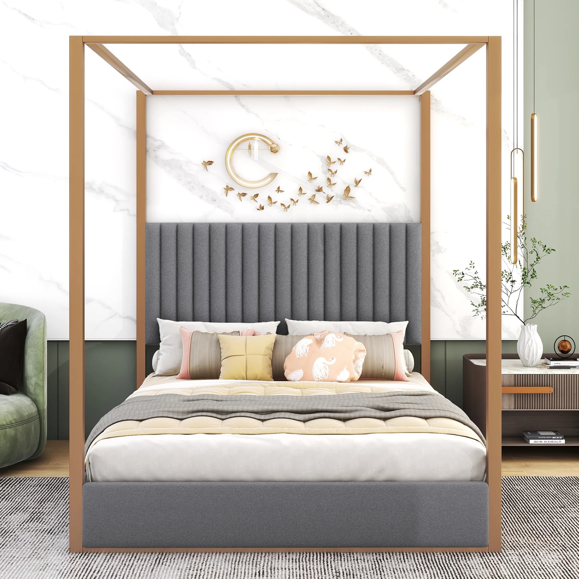 CoSoTower Queen Size Upholstery Canopy Platform Bed with Headboard and Metal Frame, Gray