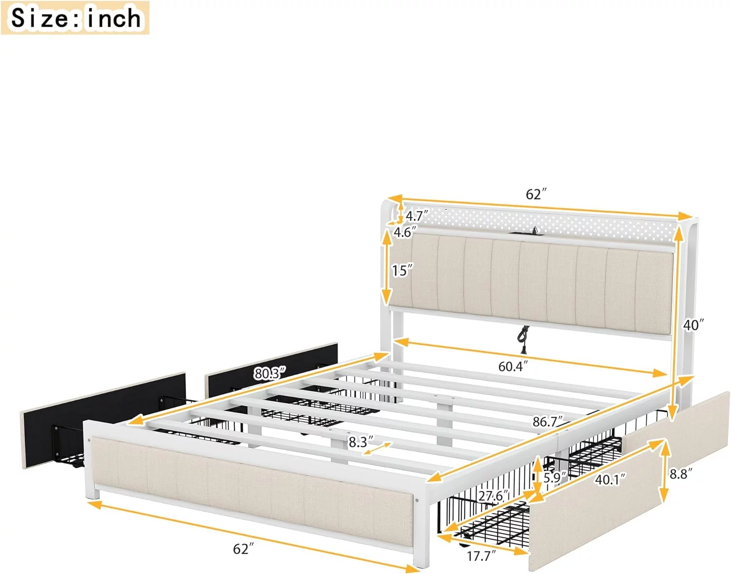 Queen Bed Frame With Storage Drawers And Light, LED Platform Bed With Headboard Shelf And Charging Station, Linen Upholstered Bed With Heavy Duty Metal Frame, No Box Spring Needed, White