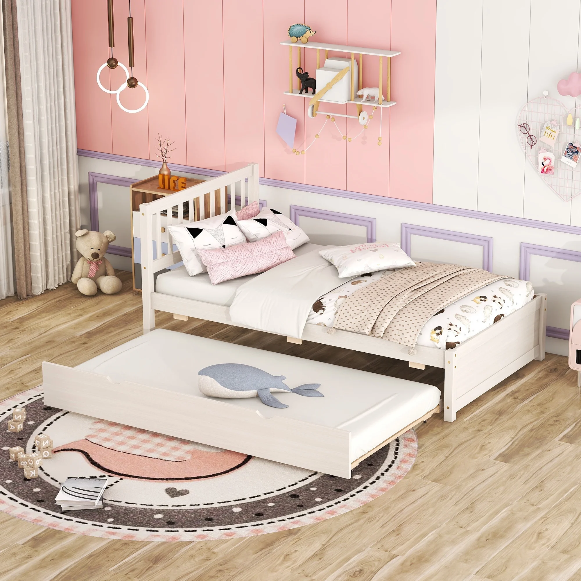 Aukfa Twin Platform Bed with Trundle Bed, Wood Bed Frame for Kids - White