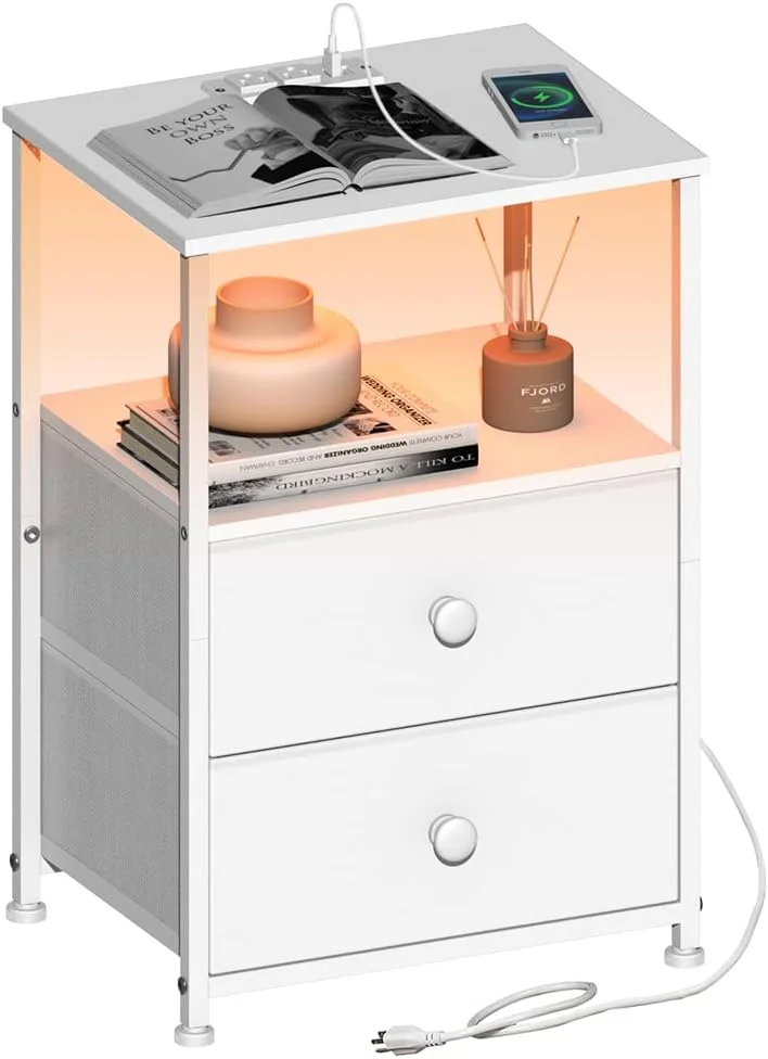LIHONG Sofa End Tables with LED Light Bed Side Dresser with Fabric Drawers Open Storage Shelf with USB Ports and (White, 1 Pack)