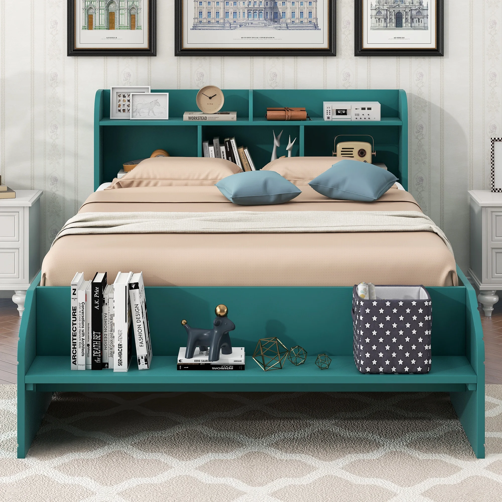 CoSoTower Wood Full Size Platform Bed with 2 Drawers, Storage Headboard and Footboard, Dark Green
