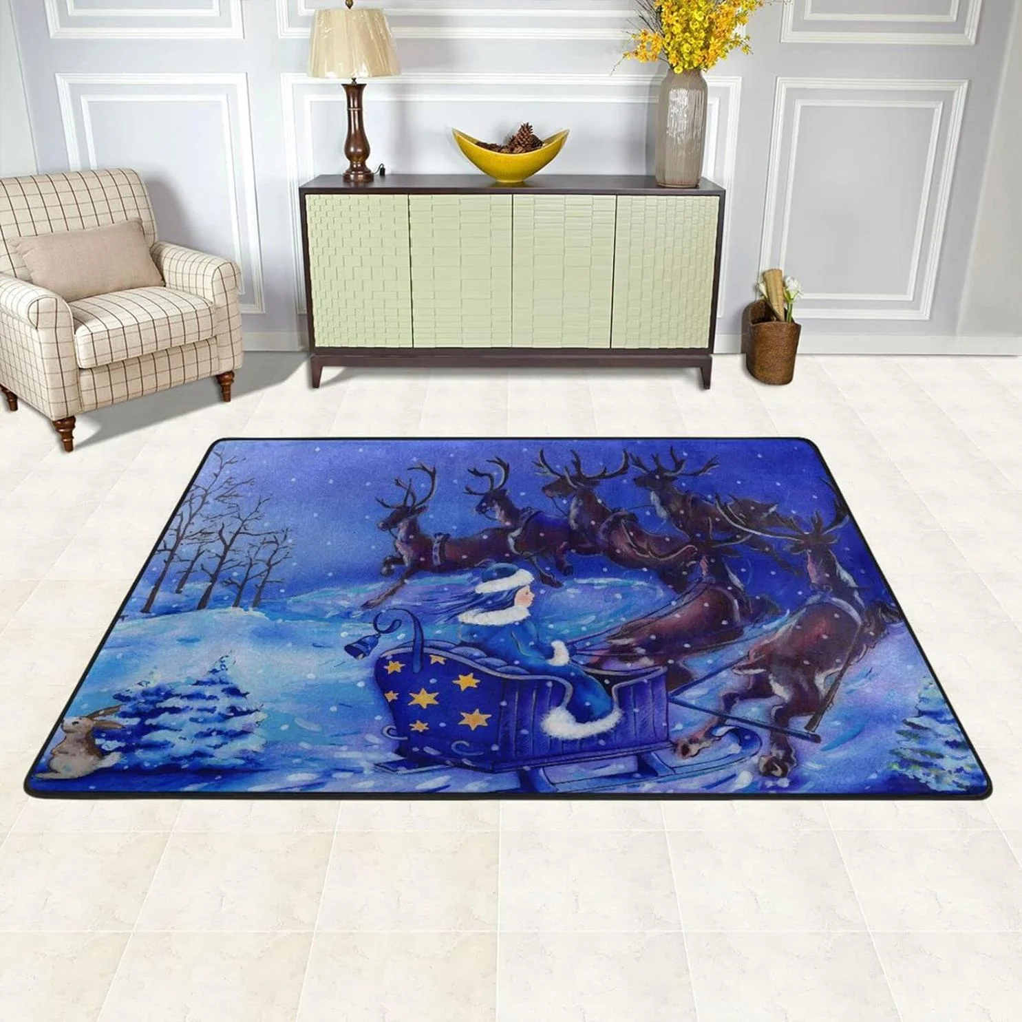 Bestwell 72×48 inch Christmas Snow Queen Non-Slip Area Rug, Winter Deer Floor Carpet,Soft Comfort Floor Mats Decor for Indoor Front Porch,Living Room, Bedroom,Kitchen