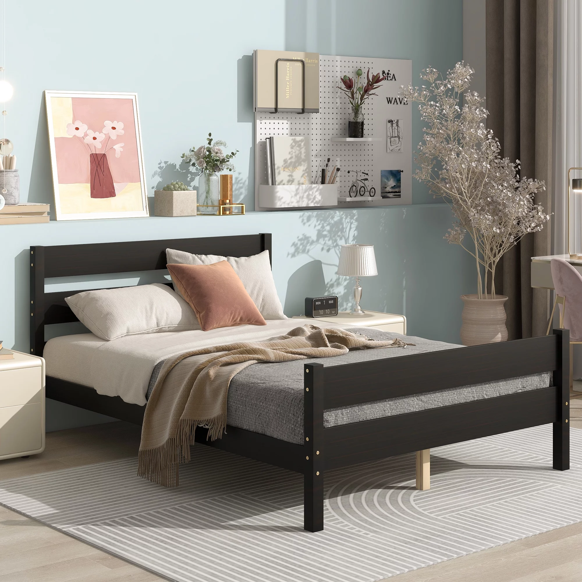 Gewnee Wood Full Size Platform Bed Frame with Headboard and Wood Slat Support for Bedroom,Espresso
