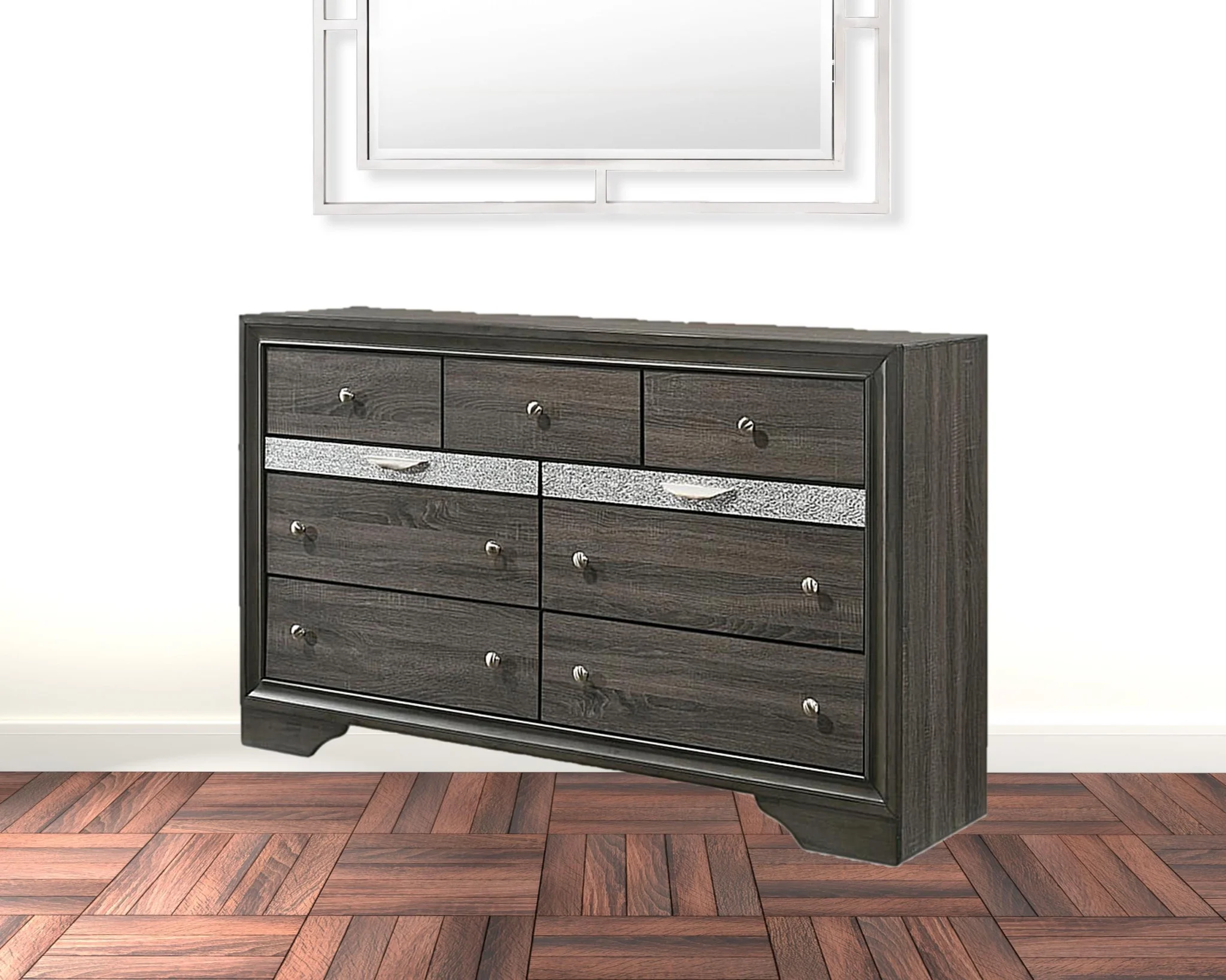 HomeRoots 490471 39 x 63 x 17 in. Gray Manufactured Wood Nine Drawers Triple Dresser