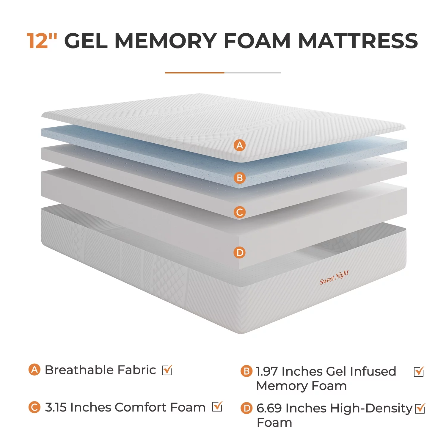 Sweetnight PuritySleep 12'' Adult Gel Memory Foam Mattress, King Size