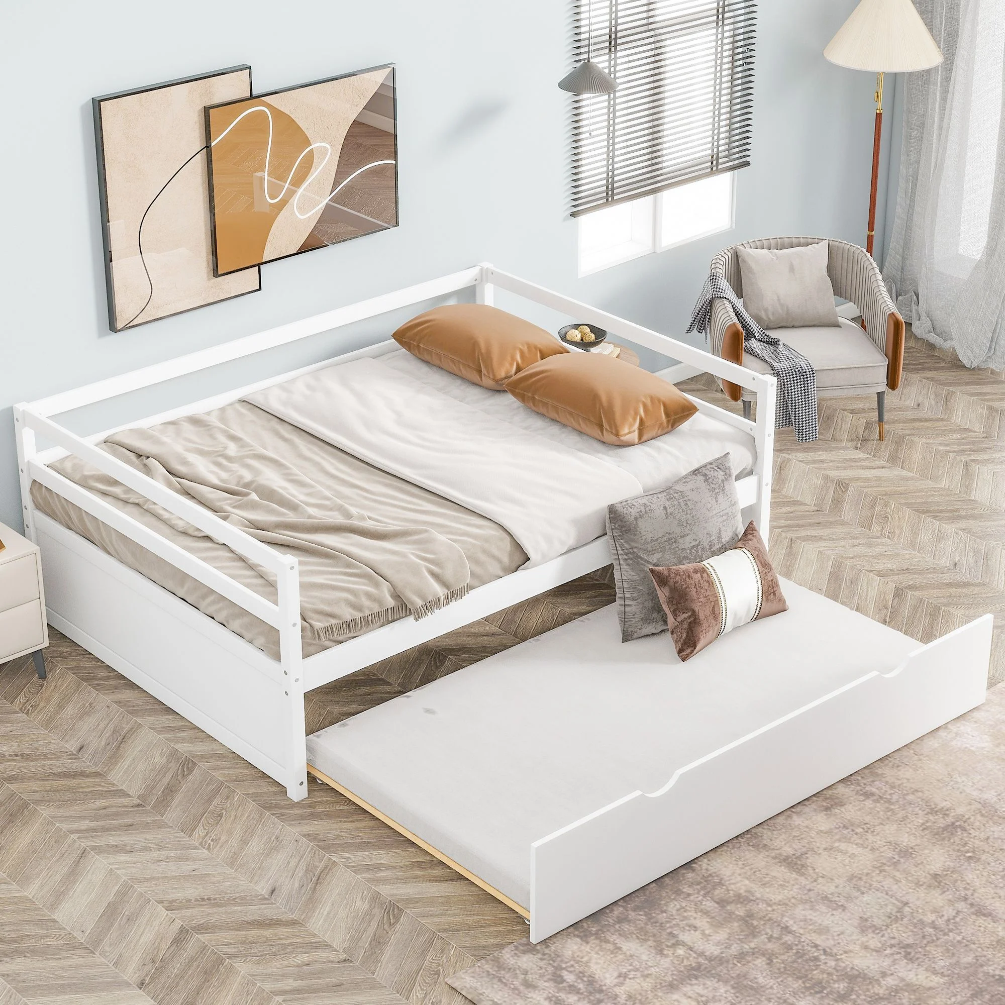 Elegant Design Twin Size Daybed with Twin Size Trundle, Pine Wood Day Bed with Maximized space Office/Living Room/Bedroom, Sturdy Slats Support Wooden for Teens Adults