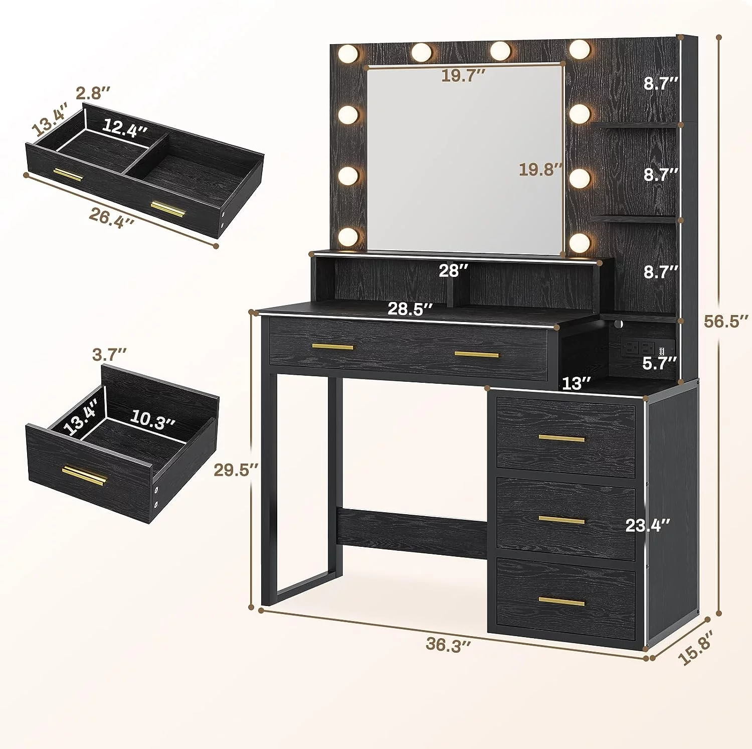 Makeup Vanity with Lights and Charging Station, Black Vanity Desk with 5 Drawers and Shelves,Makeup Table with Mirror and Lights