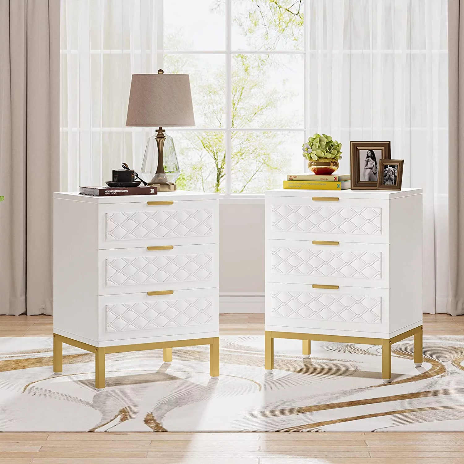 Tribesigns 3 Drawer Nightstand Set of 2, Modern Bedside Table End Table with Golden Legs for Bedroom, Living Room, White and Gold