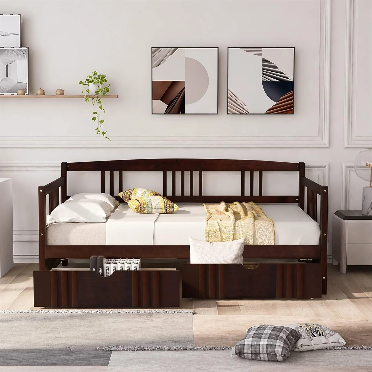 Size Daybed Frame Wih 2 Drawers, Woode Sofa Bed For Bedroom Livig Room, Wood Low Plaform Bed Wih Sorage Drawers, Bedroom Furiure For Kids ees (Espresso)