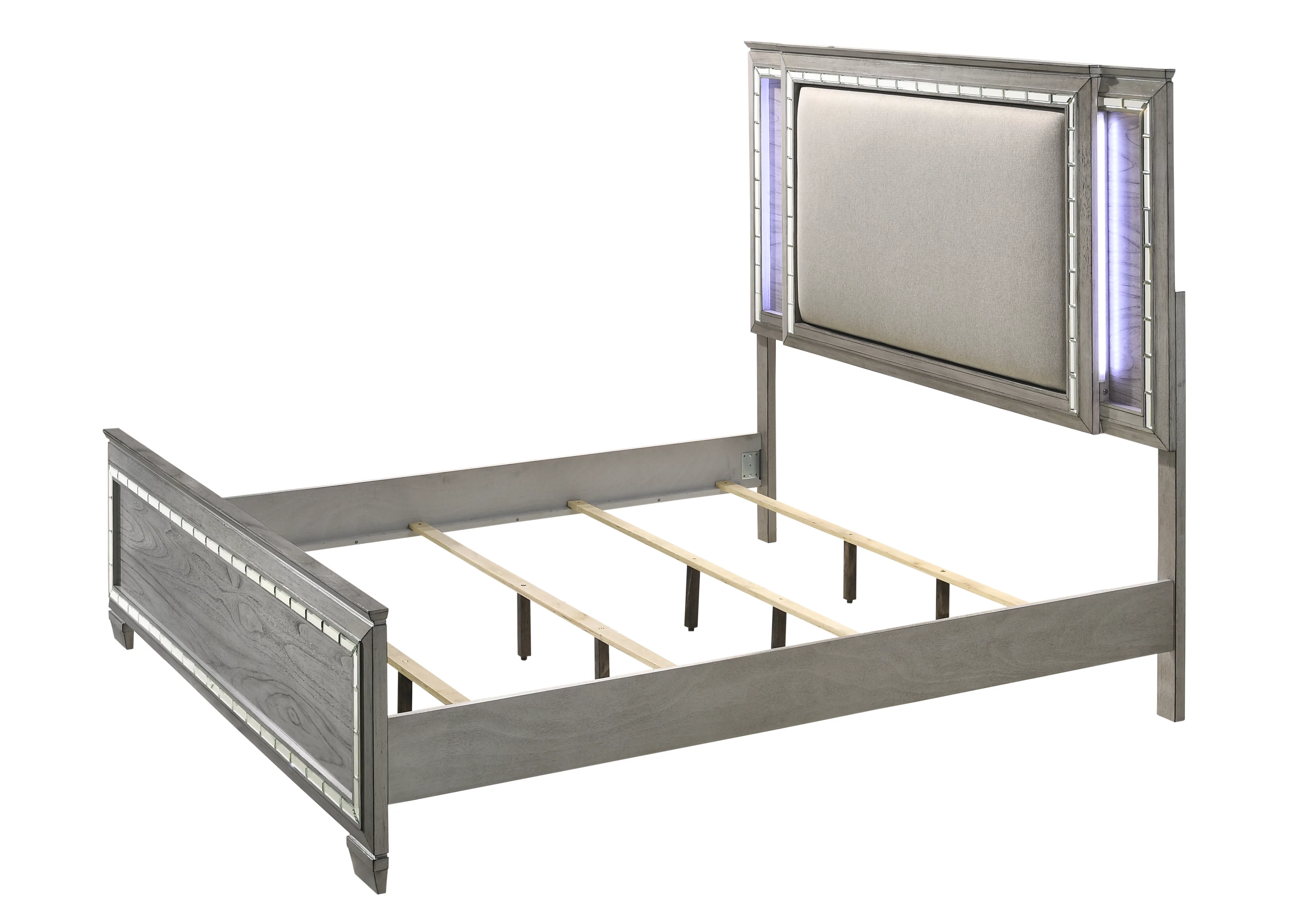 ACME Antares Queen Upholstered Wooden Panel Bed with LED in Gray Oak
