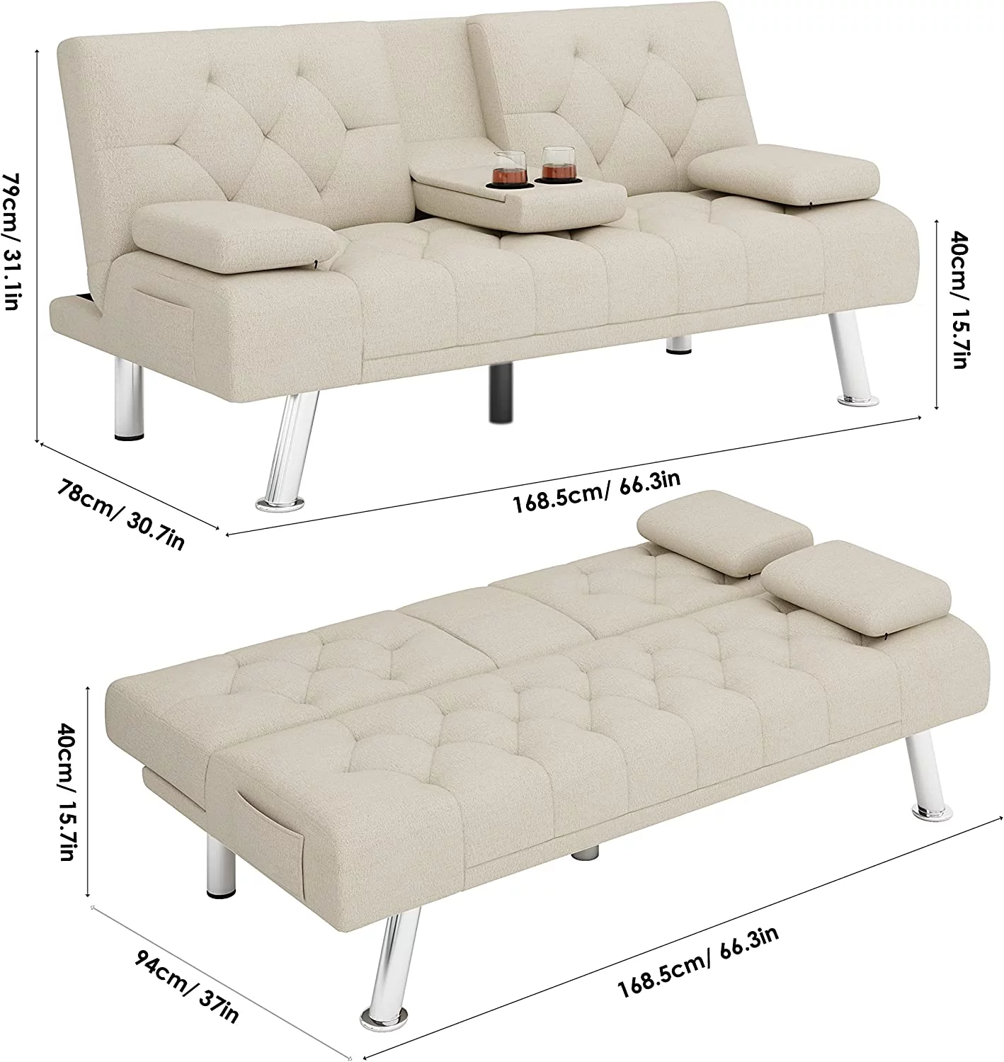Homfa Upholstered Sofa Bed Couch, Convertible Futon Sleeper Sofa with Removable Armrests and 2 Cup Holders, Cream White