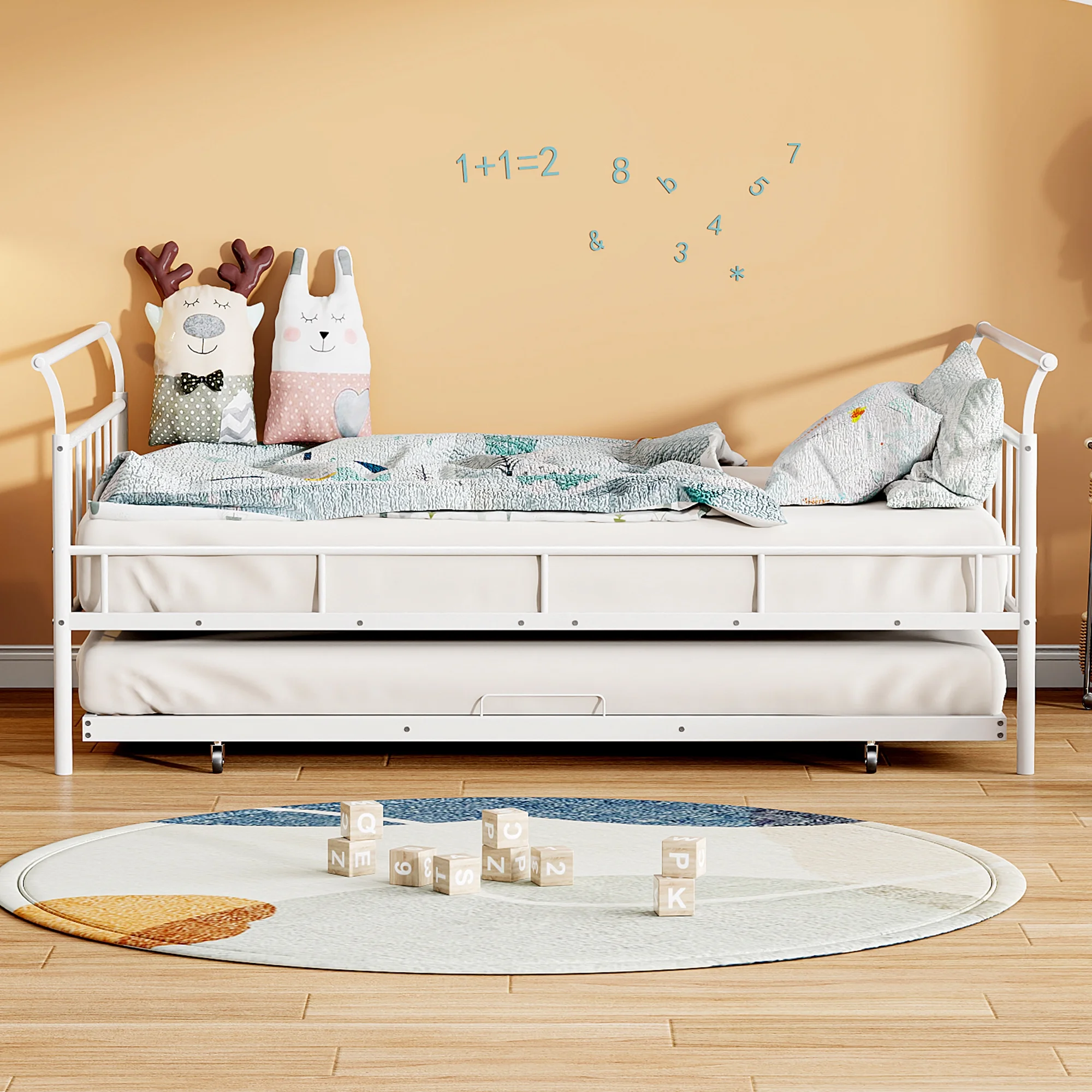 Full Size Metal Daybed with Curved Handle Design and Twin Size Trundle, White - Stylish and Functional Bed for Your Bedroom