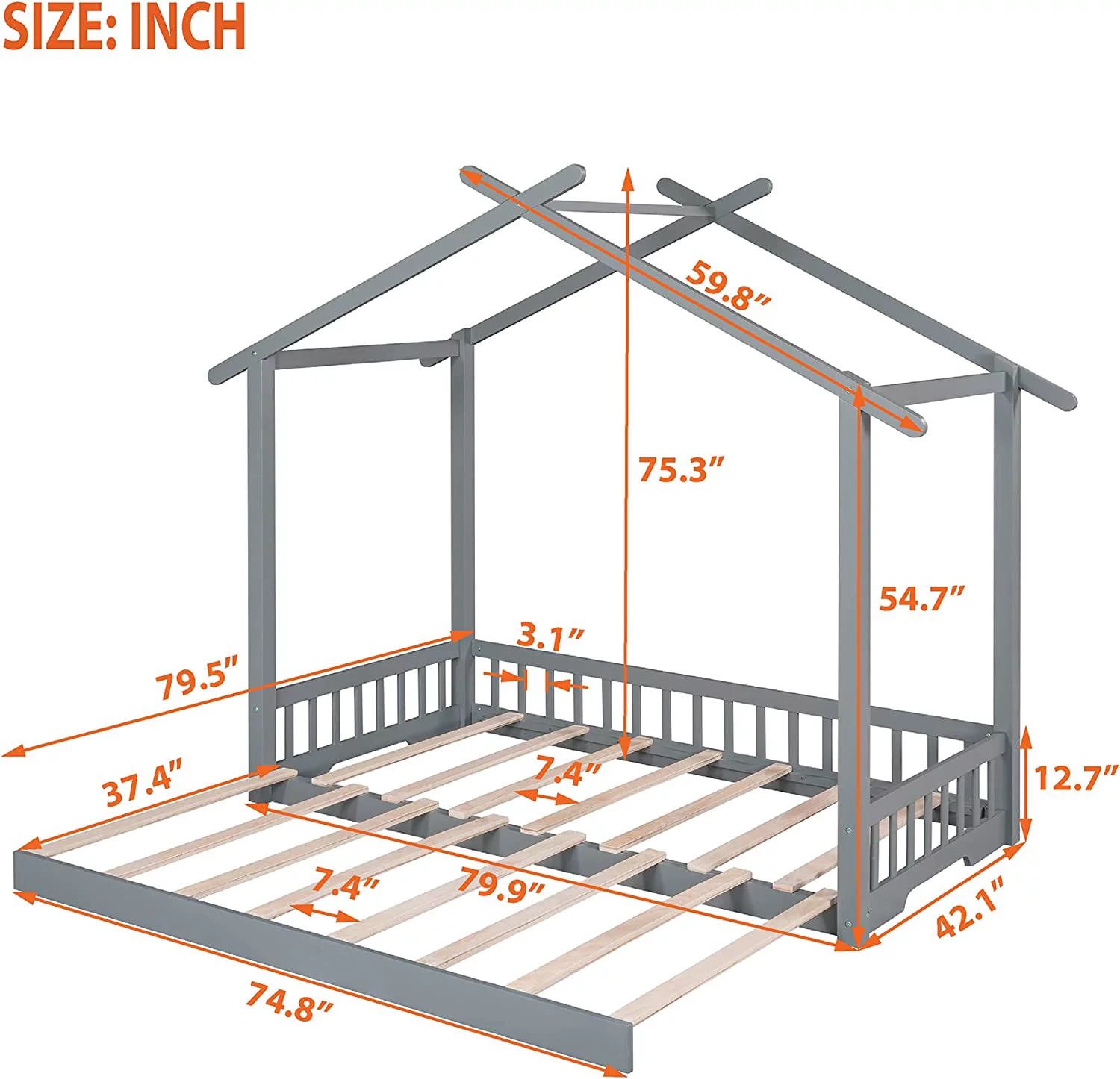 House Bed with Roof, Flexible Extended Twin Bed Frames Wooden Daybed, No Box Spring Needed Twin to King Bed for Kids Teens Boys Girls