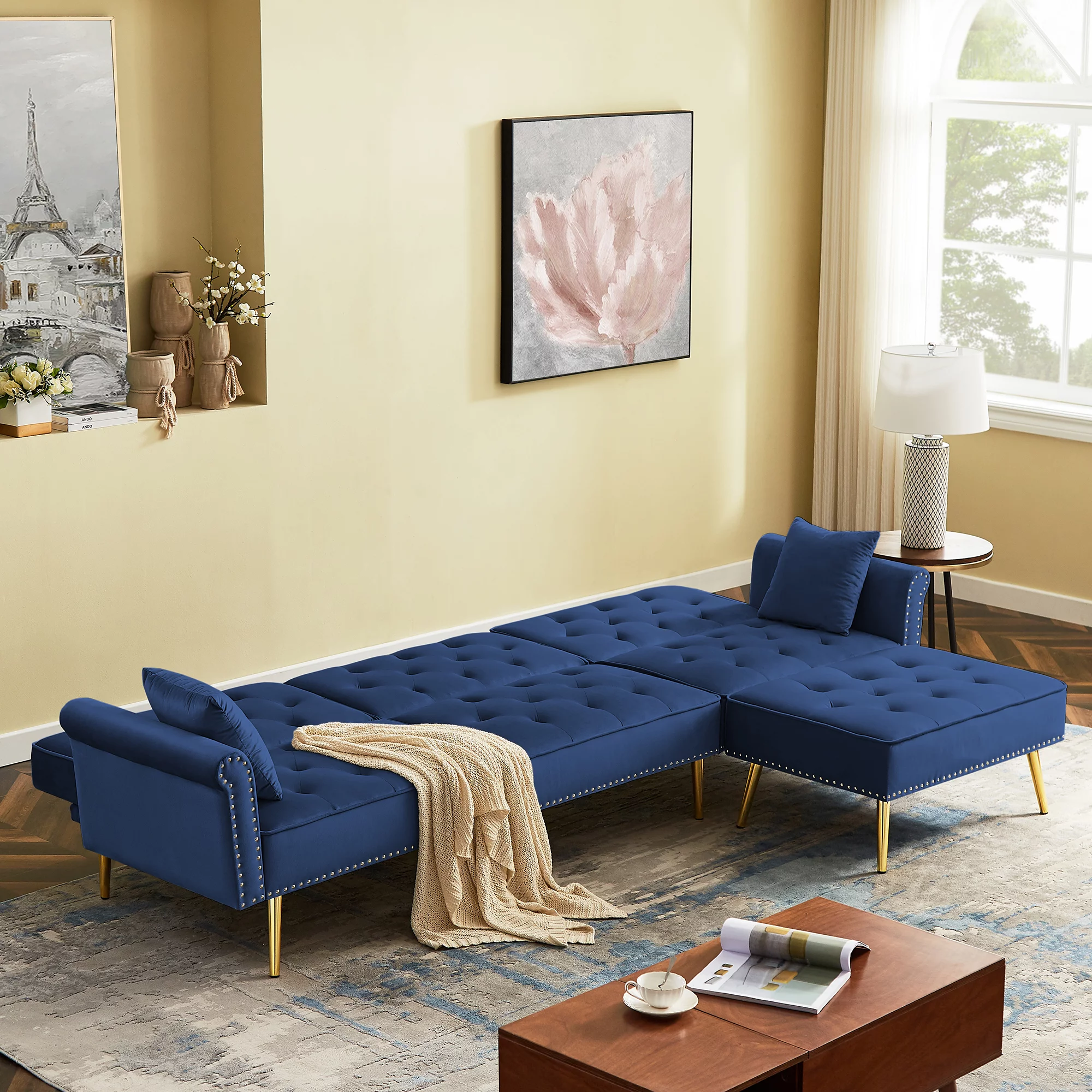 Convertible Sectional Sleeper Sofa, L-Shaped Sectional Couch with Chaise, Modern Velvet Sleeper Sofa Bed with 2 Pillows, Adjustable Back, Metal Legs & Nailhead Trim for Living Room Furniture, Blue