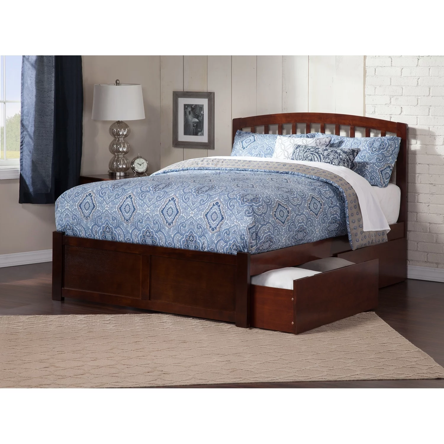 Richmond King Platform Bed with Flat Panel Foot Board and 2 Urban Bed Drawers in Walnut