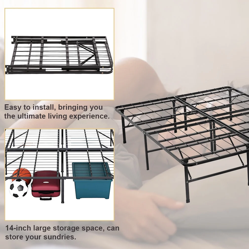 FDW Bed Frame Full Metal Folding Base Mattress Foundation 14 inch No Box Spring Needed,Black