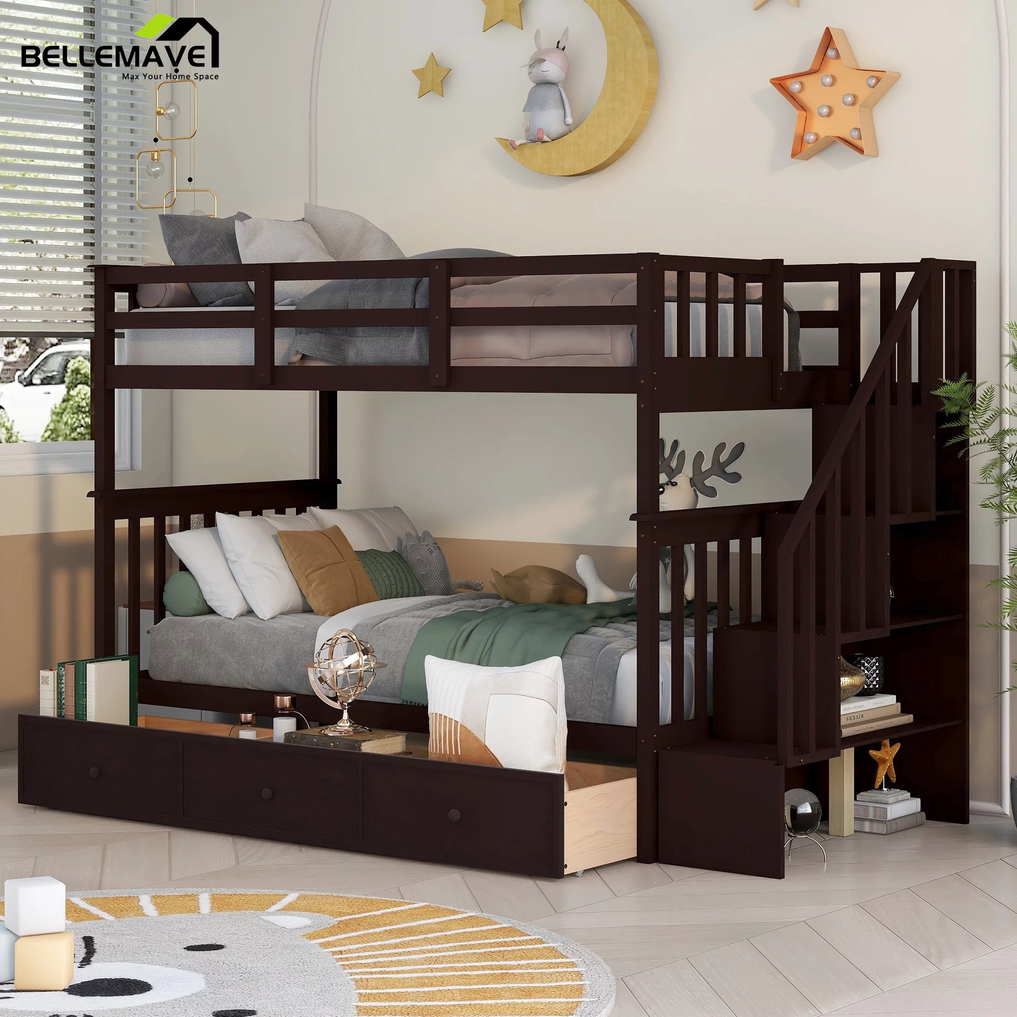 Bellemave Twin over Twin Bunk Bed with Stairs, Solid Wood Bunk Bed with Storage Drawers for Kids, Teens, Adults (Espresso)