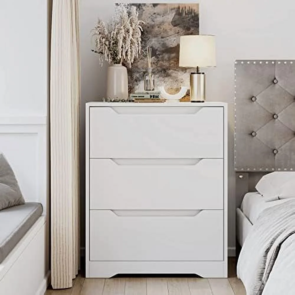 3 Drawer Dresser Wood Chest of Drawers with Tall Nightstand with Cut-Out Handles Side End Table Accent Cabinet for Living Room Entryway White