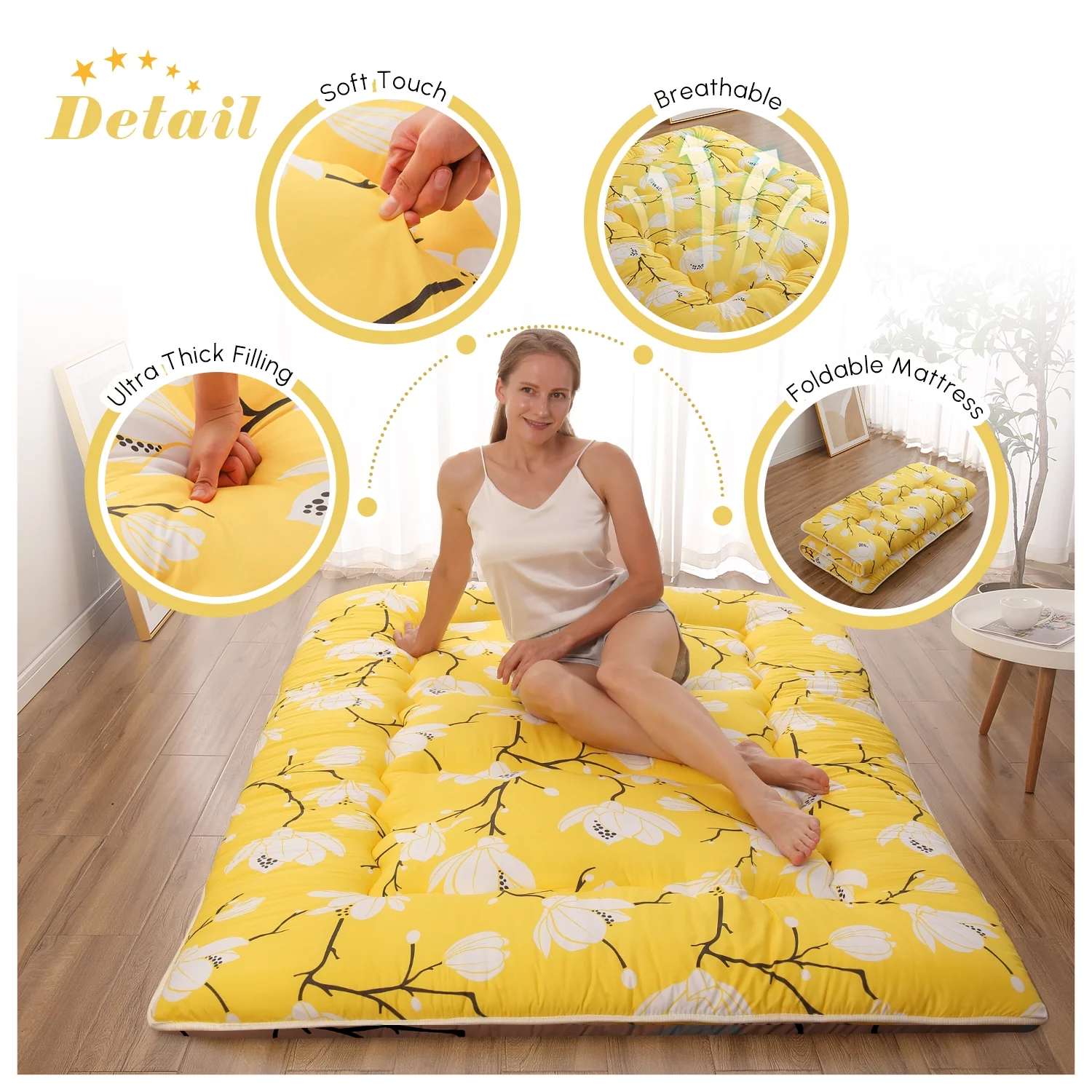 Zelladorra Japanese Floor Mattress, Futon Mattress with Portable Storage Bag, Roll Up Mattress Thick Tatami Mattress Suitable for Camping, Guest Room, Yellow Flower, Queen