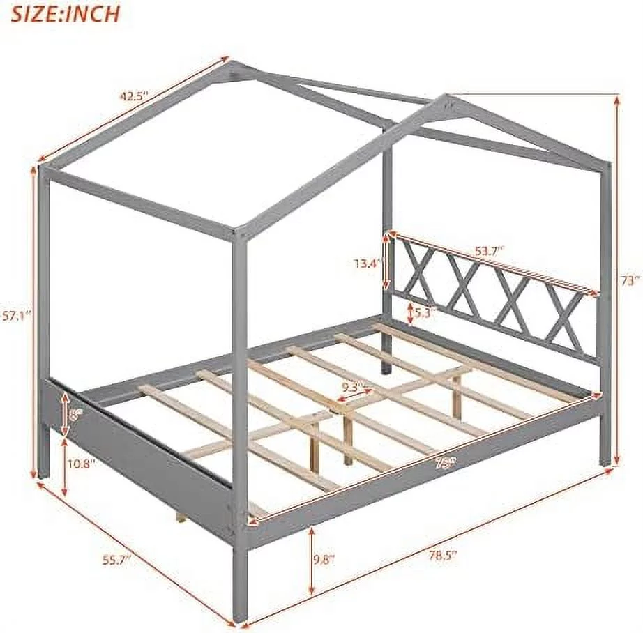 KHBIULIFE Harper & Bright Designs Twin House Bed for   Wood Twin Size Platform Bed with Desk and Two Handles Twin  Bed Frame with Roof Windmill and Flower Decor for Girls  Boys Grey