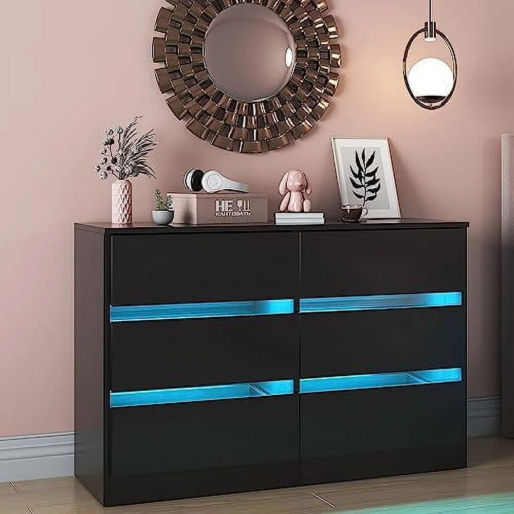 RUNFAYBIU 6 Drawer Double Dresser Bedroom Dresser with LED Light Wood Dresser for Nursery Living Room Hallway Handless Design 47.2''W×15.7''D×30.2''H (Black)