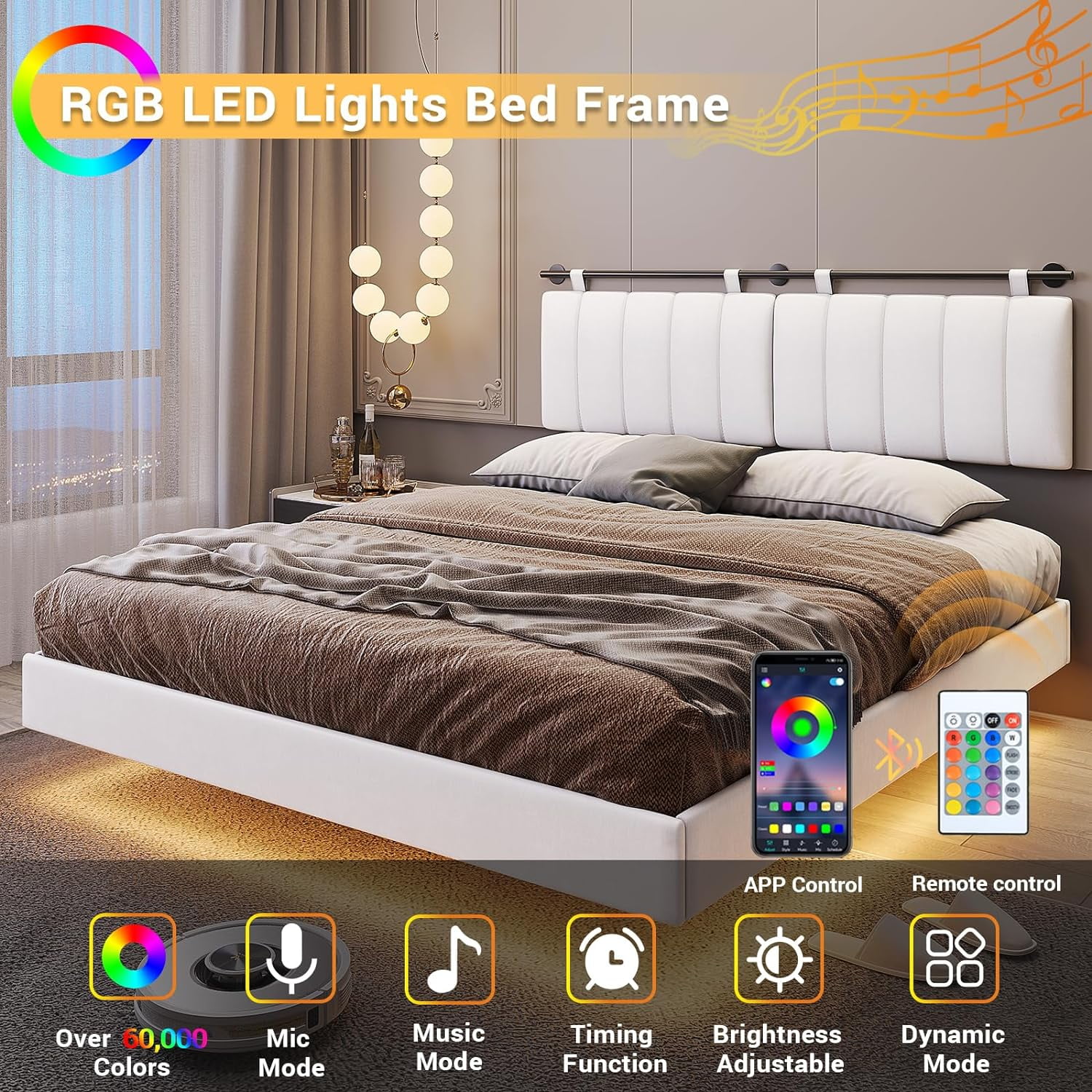 Queen Size Floating Bed Frame White Faux Leather Upholstered Platform Bed with RGB LED Lights&Wall Mounted Headboard for Bedroom,Noise Free