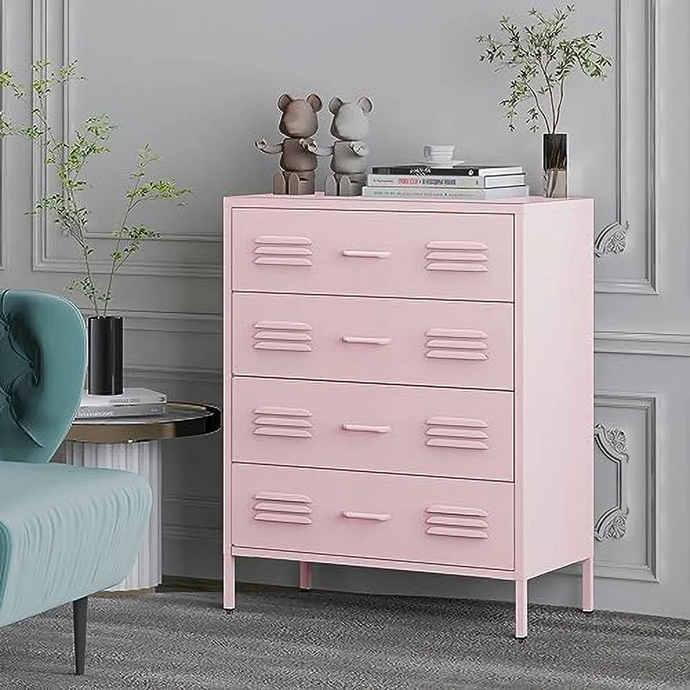 HBBOOMLIFE Pink Metal Dresser with 4 Drawers  Chest of Drawers for Closet  Wide Metal 4 Drawer  Cabinet Organizer for Office  Bedroom  Living Room  Closet  Hallway and Entryway