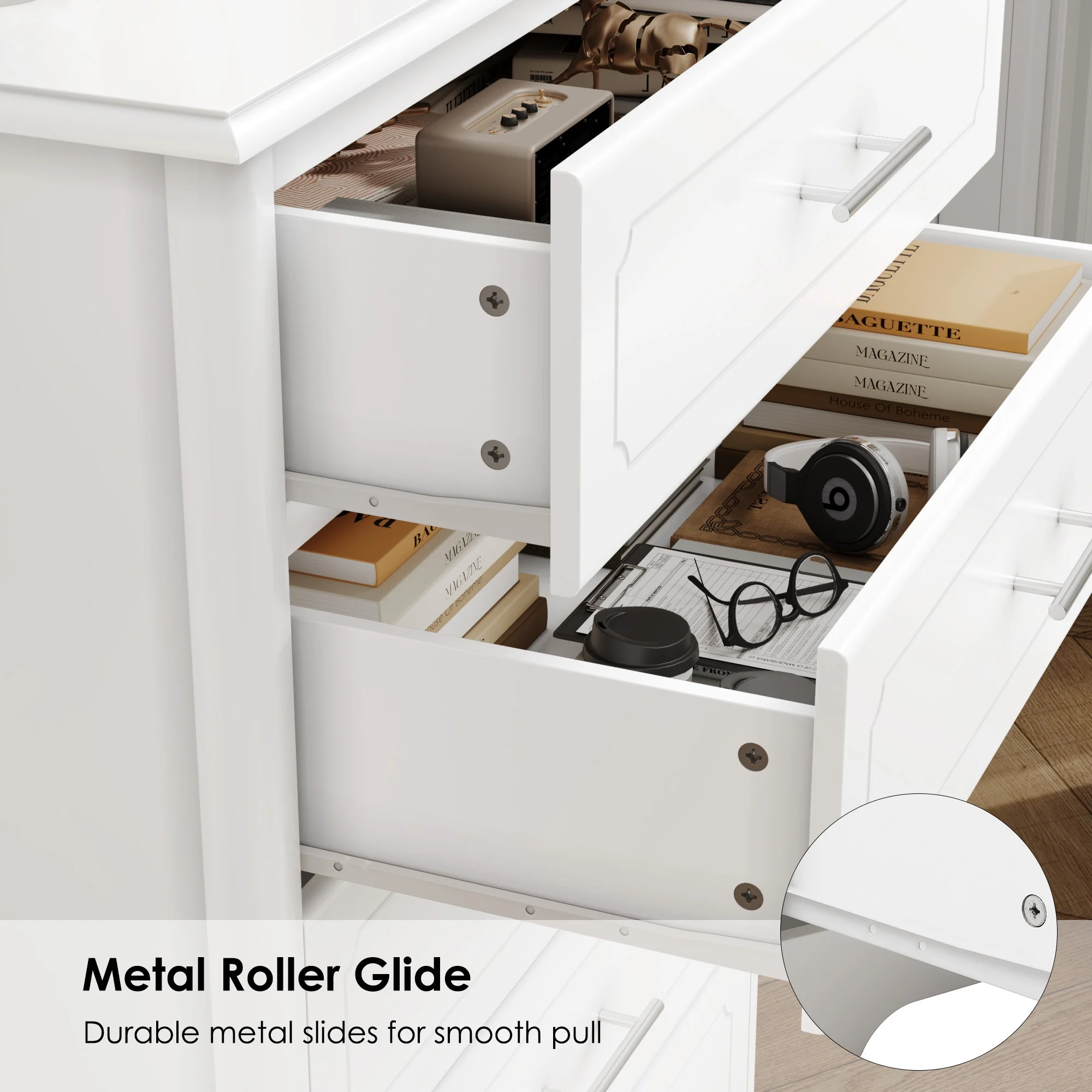 Homfa 5 Drawer White Dresser, Tall Nightstand Wooden Storage Cabinet with Metal Handles for Bedroom Living Room