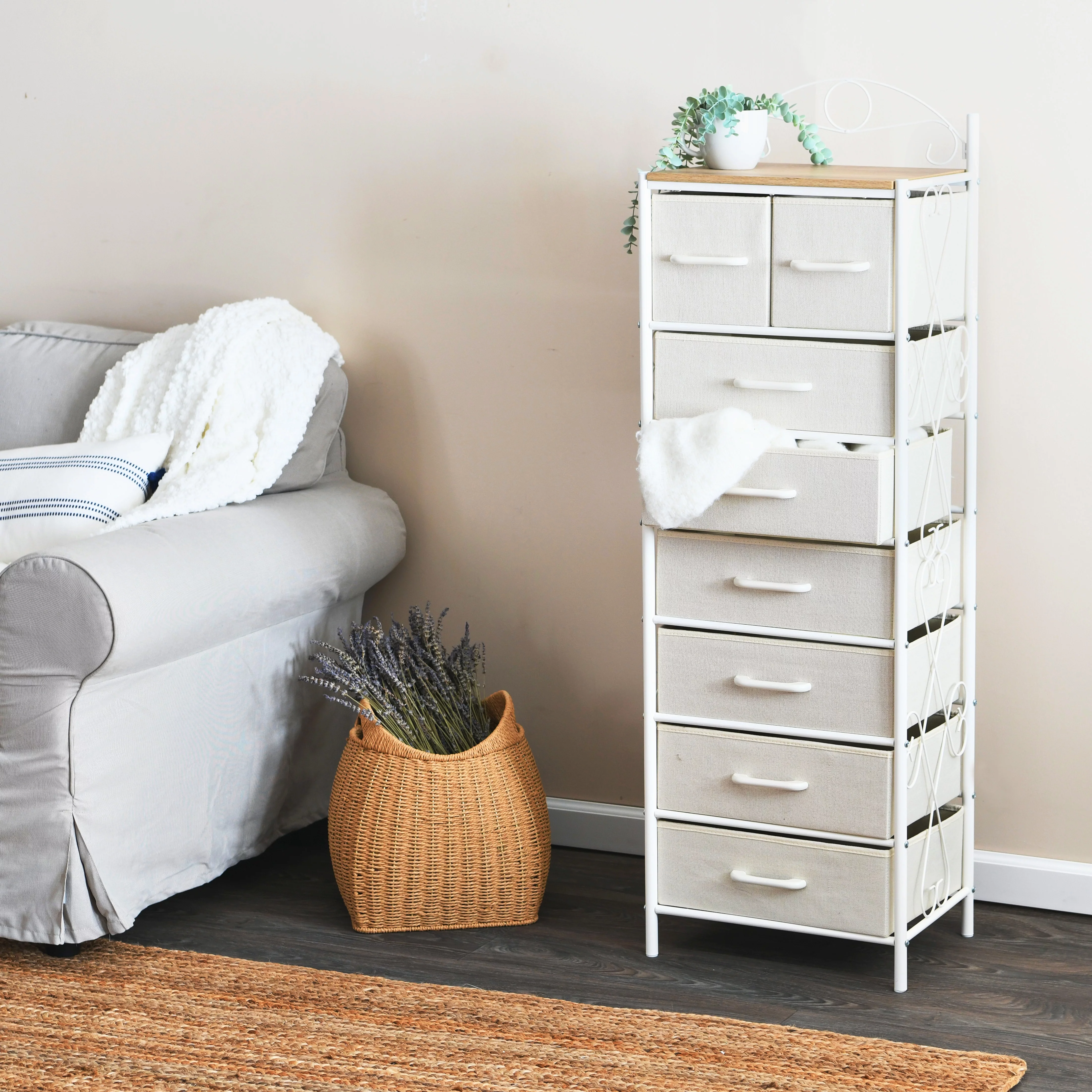Household Essentials Storage Tower, 8 Drawer, Victorian Metal Frame and Neutral Color Drawers, Victoria Collection
