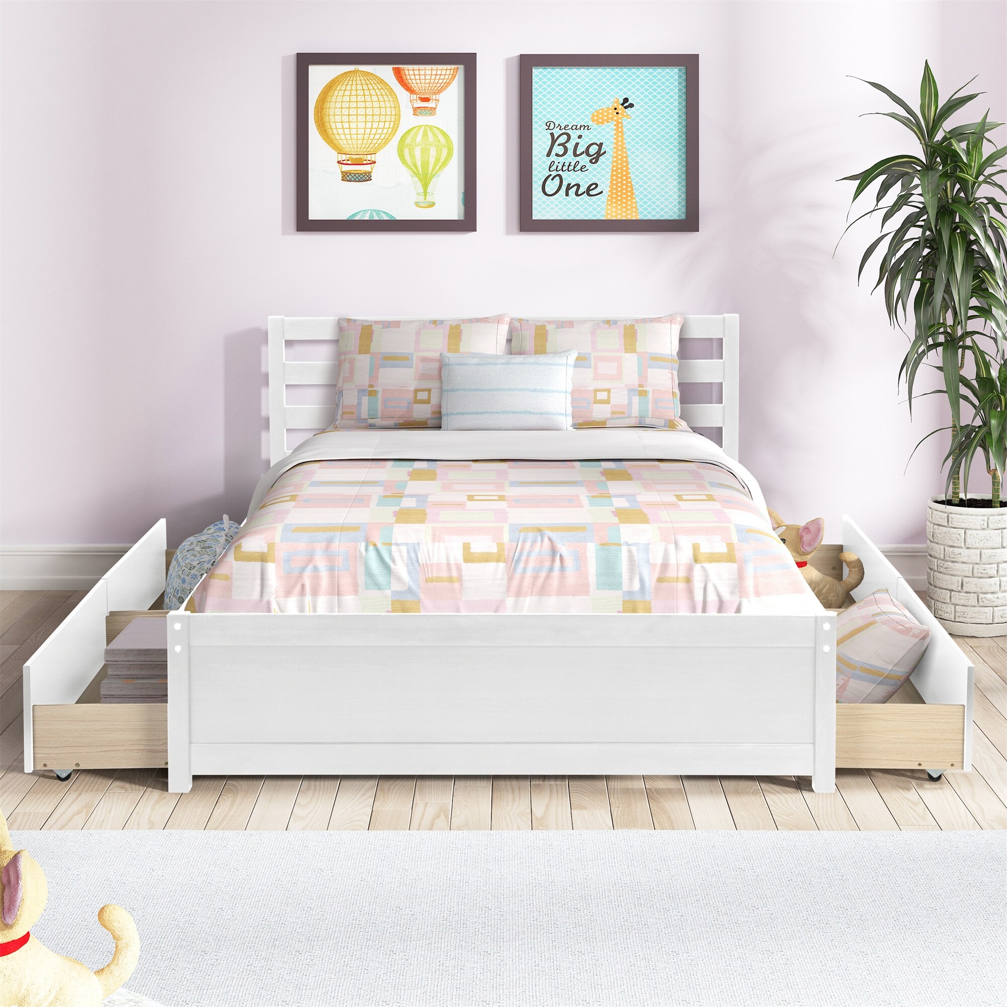 YJTONWIN Home Full Size Bed Frame with 4 Storage Drawers, Easy Assembly/White