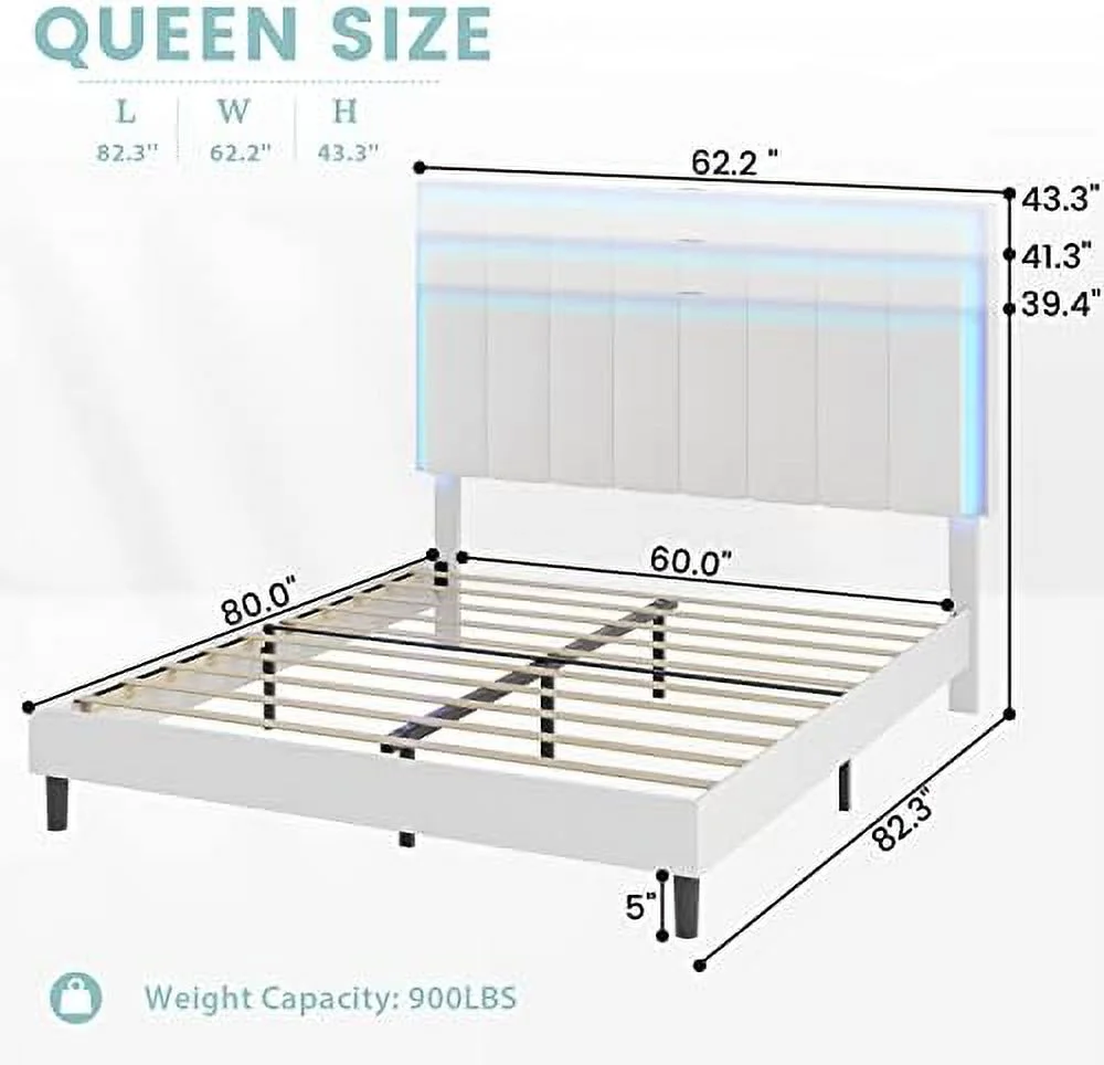 KHBIULIFE King Bed Frame with Headboard and LED Light Vegan Leather Upholstered King Size Platform Bed  Headboard Height Adjustable  No Box Spring Needed  Noise Free  Easy Assembly  White