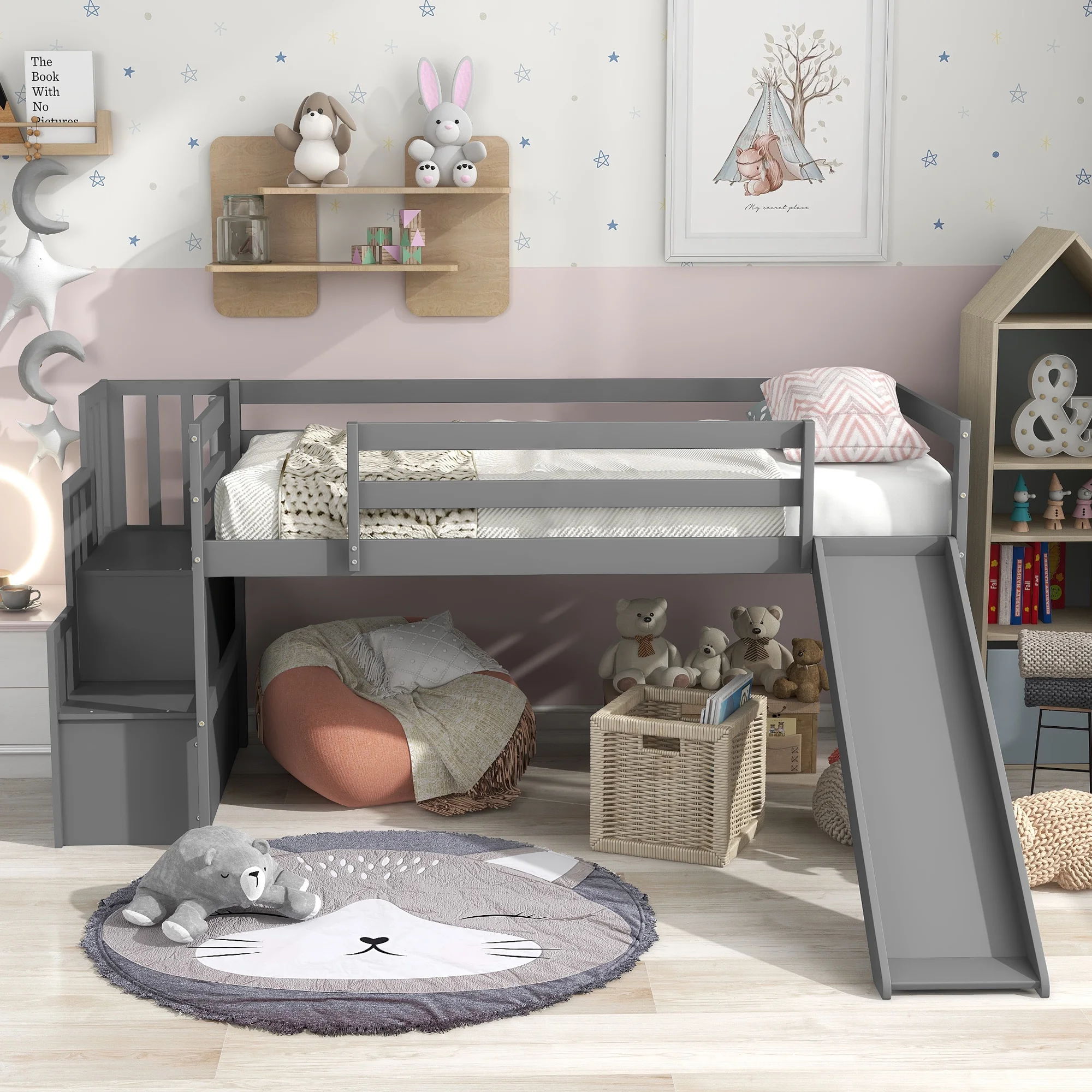 Kids Low Loft Bed with Slide and Storage, Twin Loft Bed Frame with Stairs Slide Loft for Boys Girls, Wood Twin Size Low Profile Loft Bed, Mattress Foundation, No Box Spring Needed, Gray, Q18160