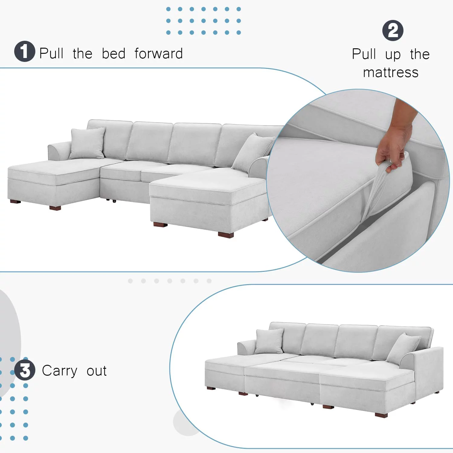 Richryce Symmetrical Sofa & Chaise with Pull-Out Bed, Convertible Couch Modular Sectional Sofa with Storage, Upholstered U-Shape Sofa with High Rebound Sponge, Light Gray