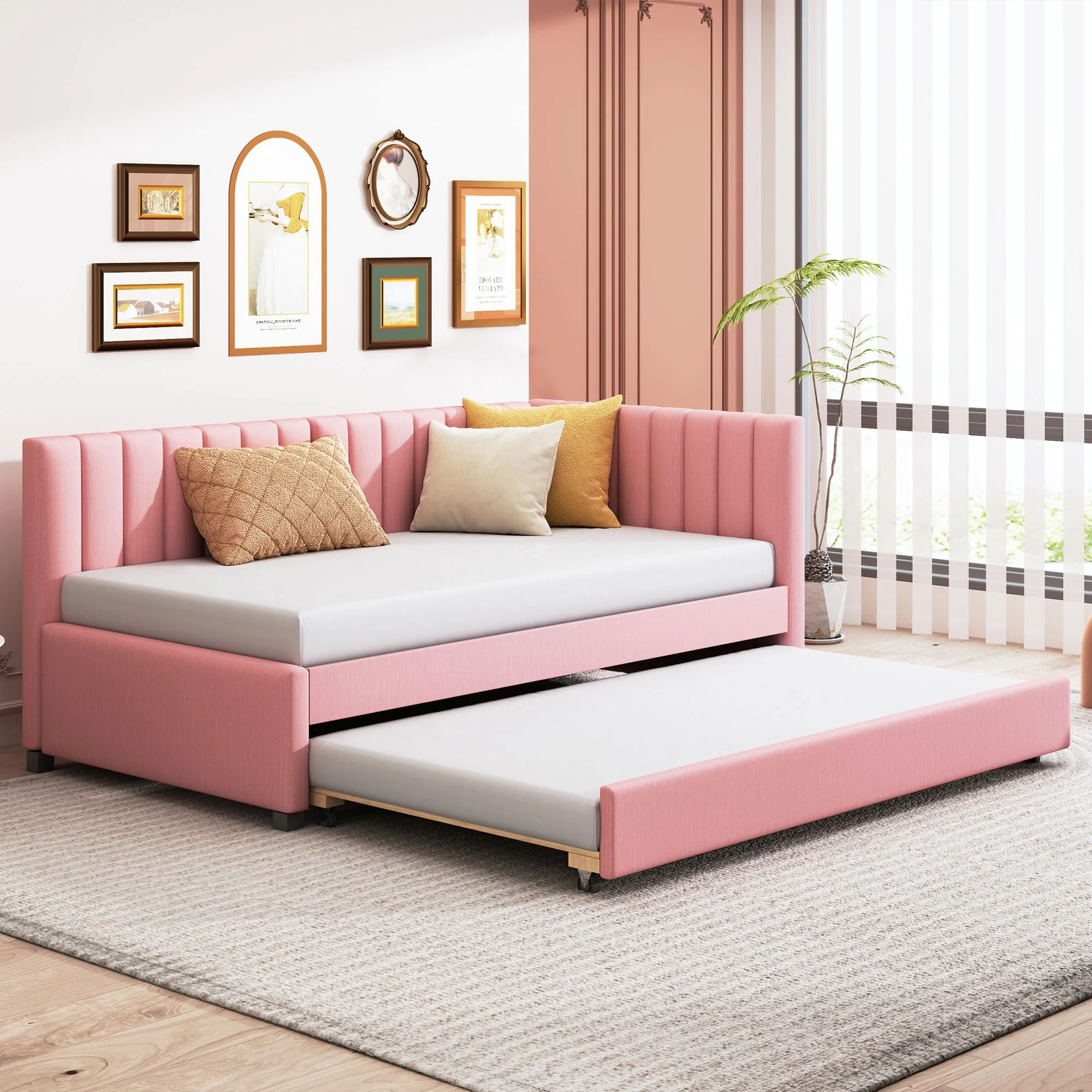 Elegant Design Upholstered Twin Size Daybed with Trundle, Linen Fabric Day Bed for Office/Living Room/Bedroom, Sturdy Slats Support Wooden Sofa Bed for Teens Adults