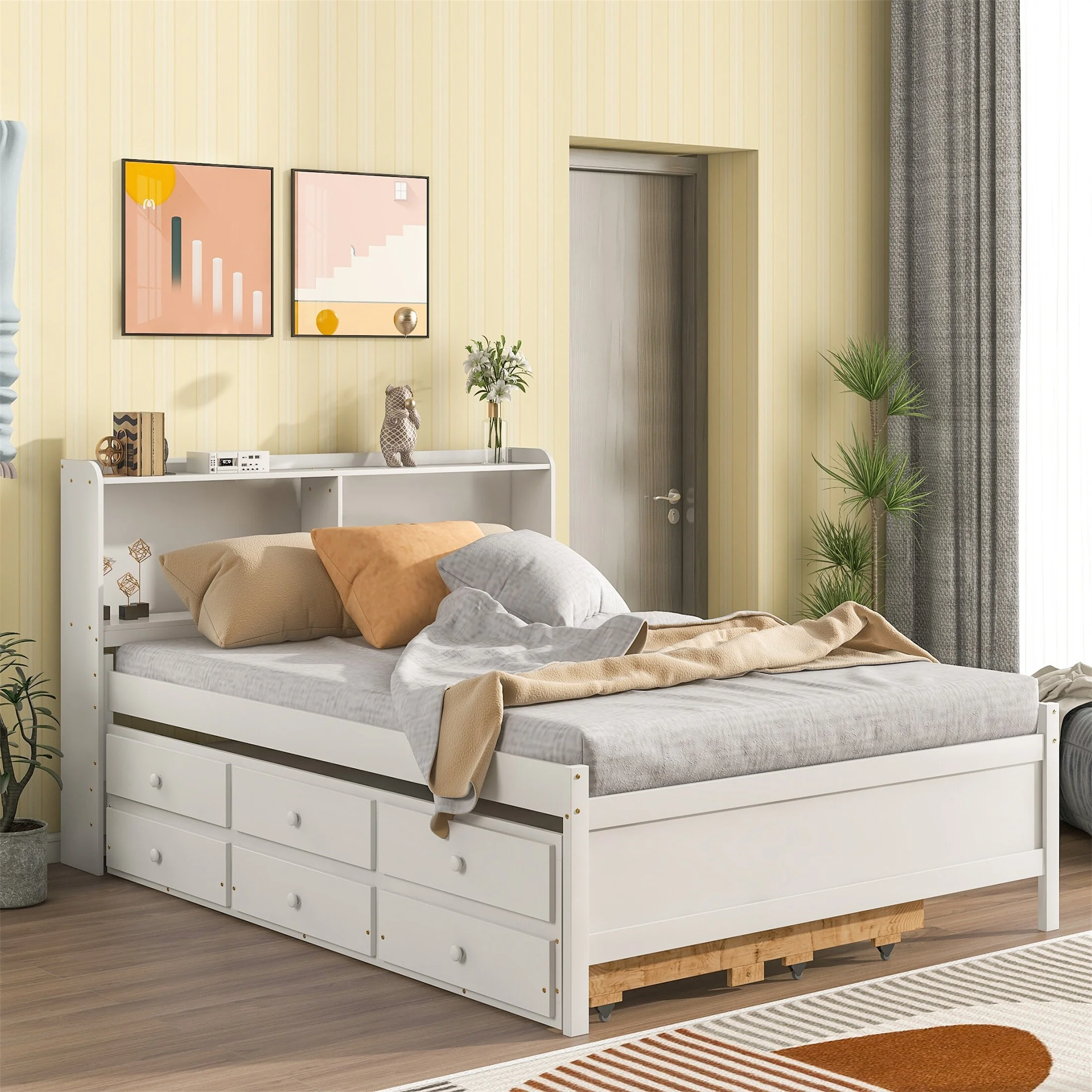 YJTONWIN Full Size Bed with Full Trundle Drawers Kids Bed for Bedroom White