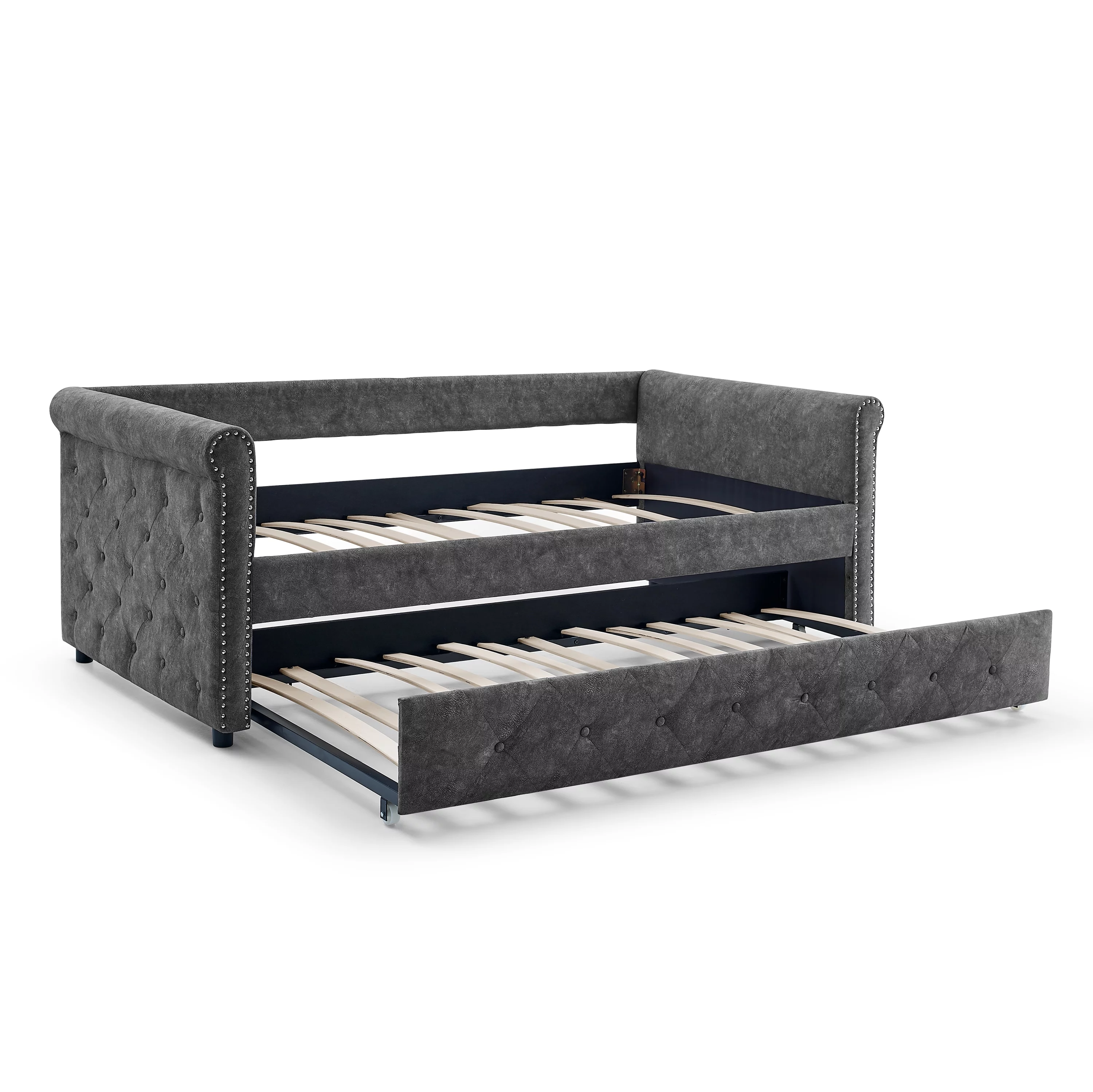 Oaks Aura Daybed with Trundle Upholstered Tufted Sofa Bed, with Button and Copper Nail on Arms
