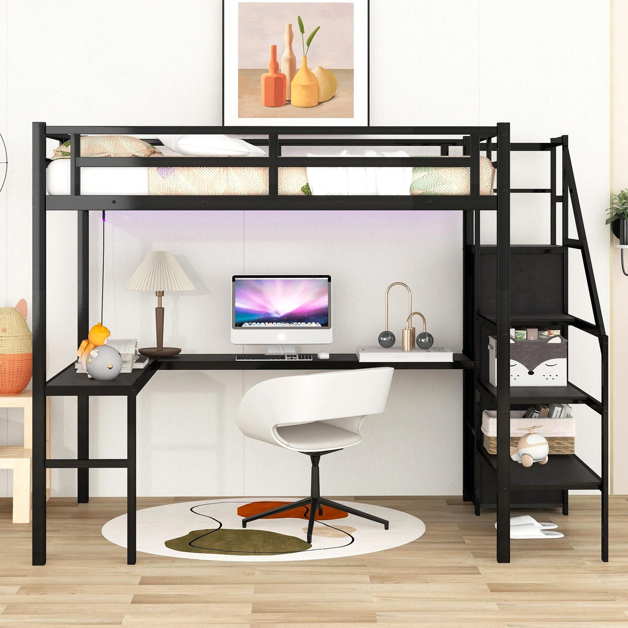 Full Size Loft Bed with Desk and Stairs, Metal Loft Bed Frame with Wardrobe and USB Charging Station, High Loft Bed with LED Light for Kids Teens Adults-Black